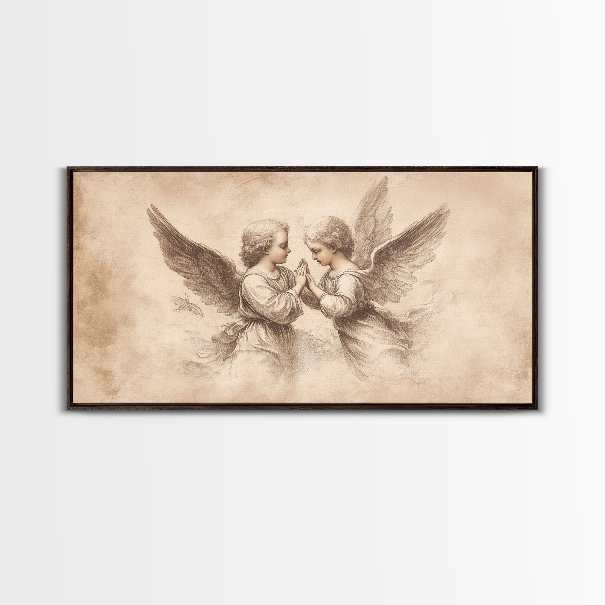Angel wall art canvas print with two cherubs and wings, beige sketch, black frame