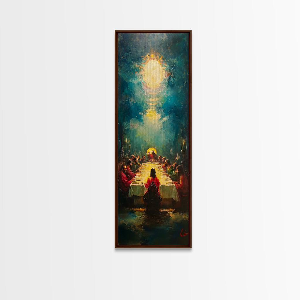 Last Supper wall art canvas in dark frame, glowing Christ with apostles at table