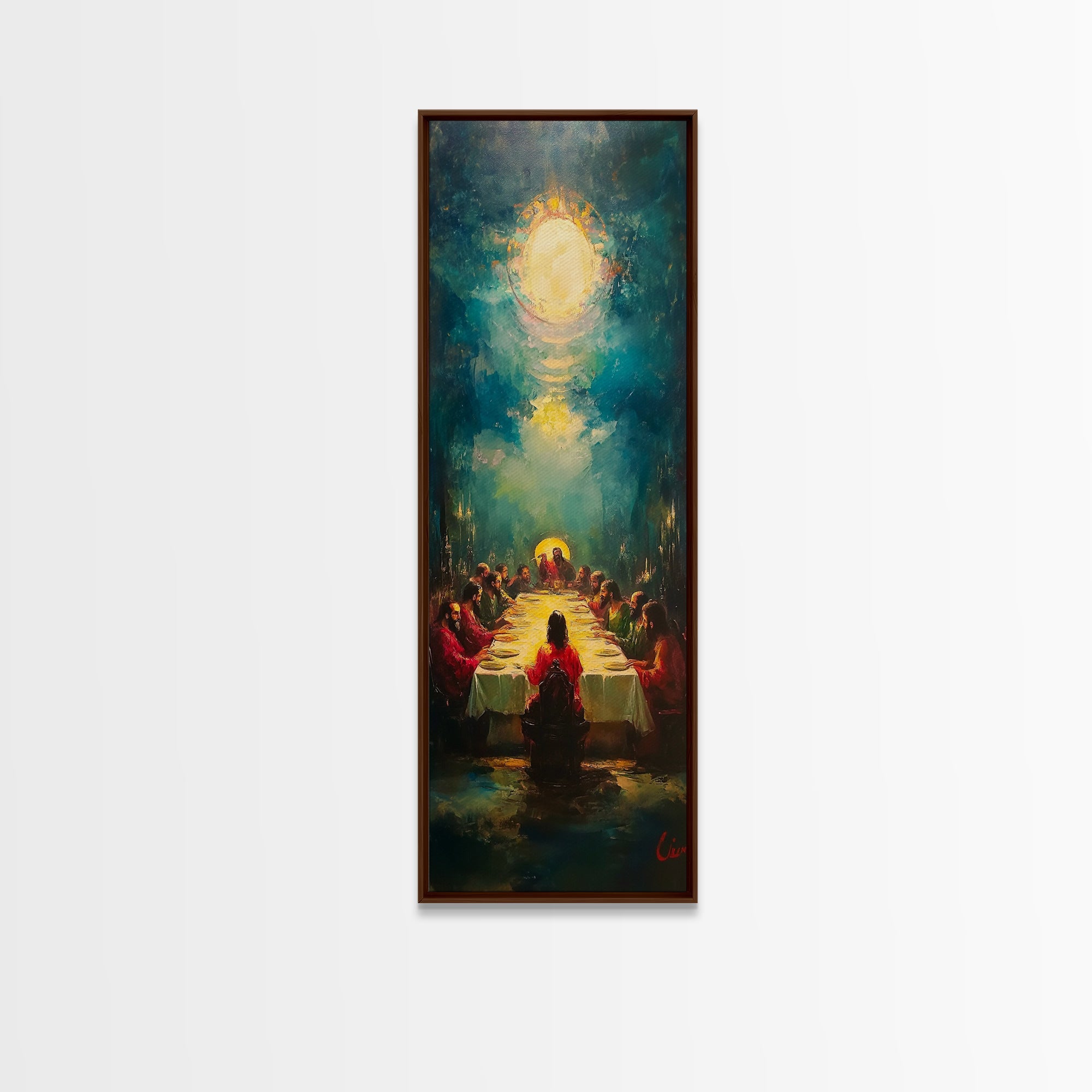 Last Supper wall art canvas in dark frame, glowing Christ with apostles at table