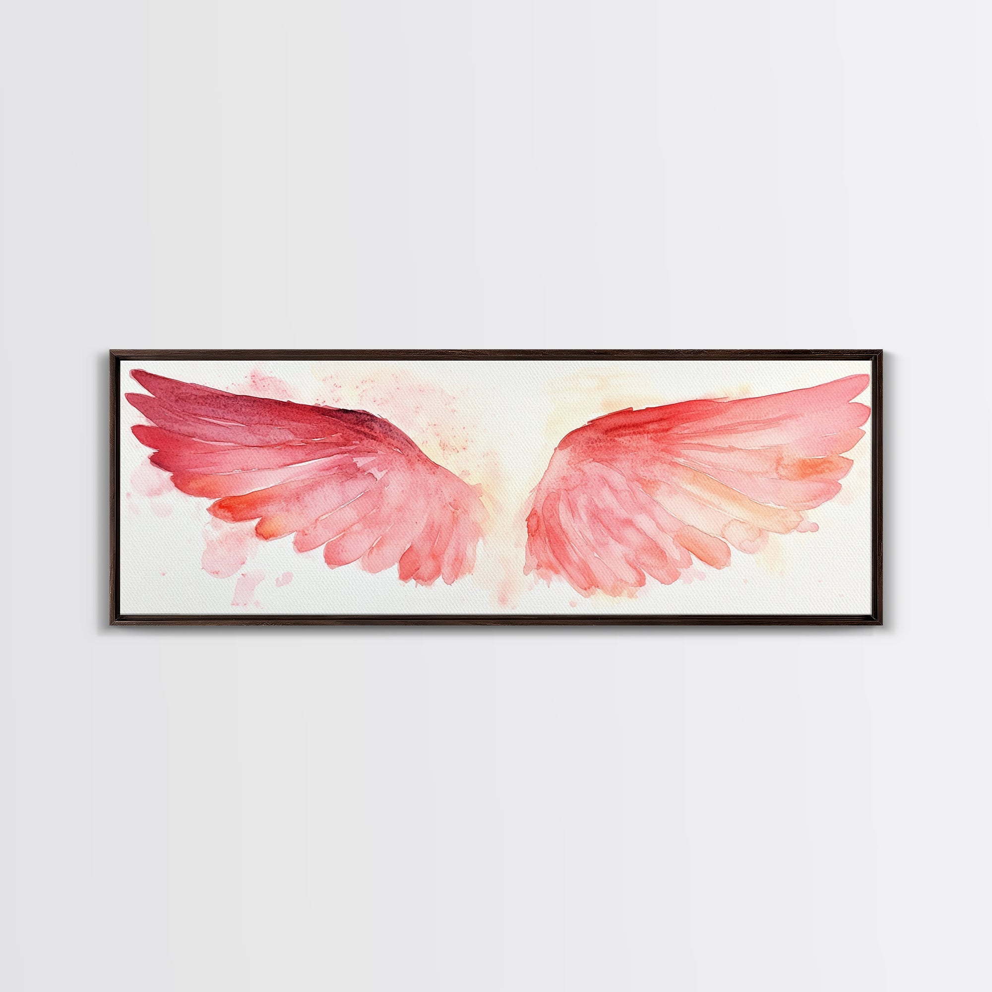 Angel wings canvas print in dark wood frame with pink watercolor wings
