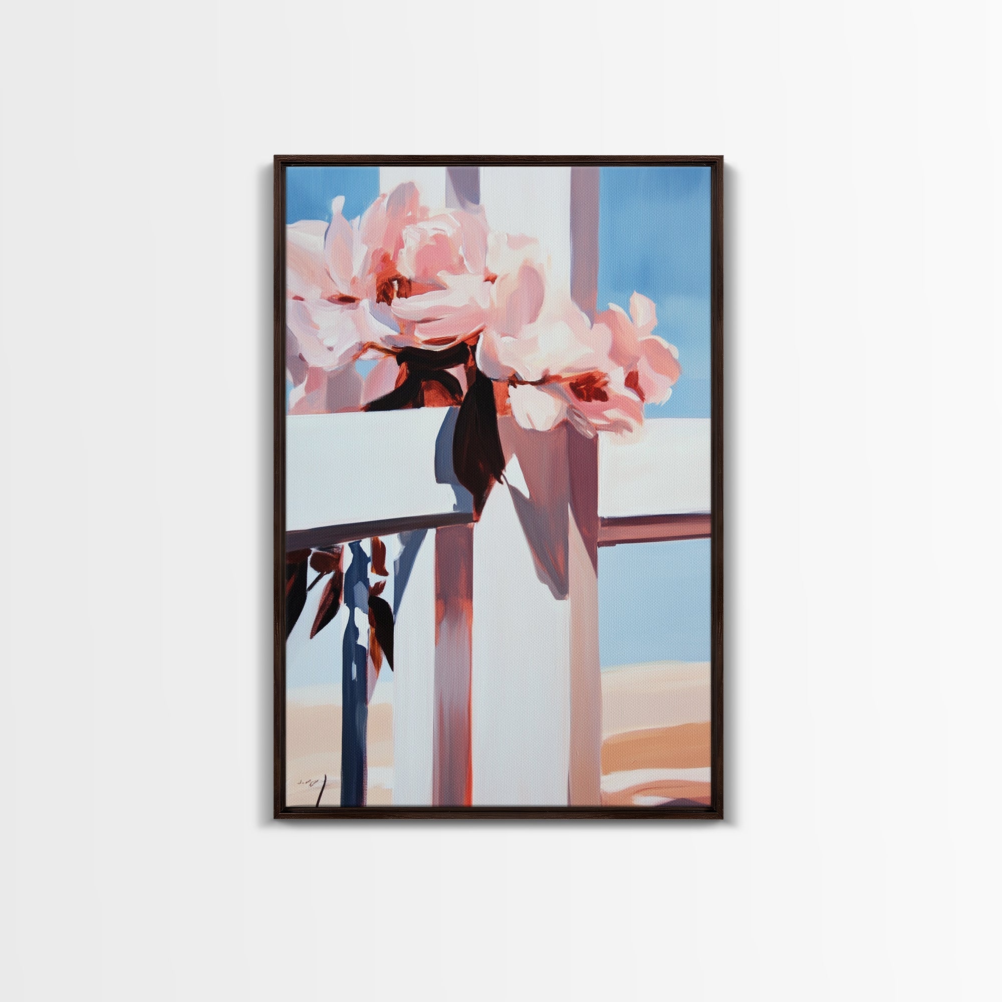 Floral peony cross canvas print with dark frame, pink and blue floral arrangement