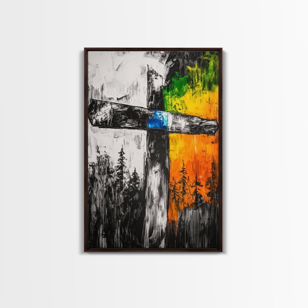 Framed wooden cross wall art canvas with black, white, orange, green and blue accents
