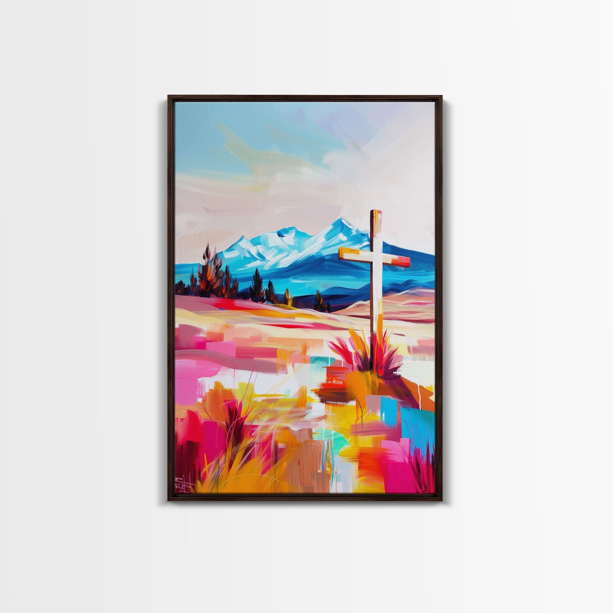 Framed canvas wall art with cross centerpiece over bright mountain desert landscape