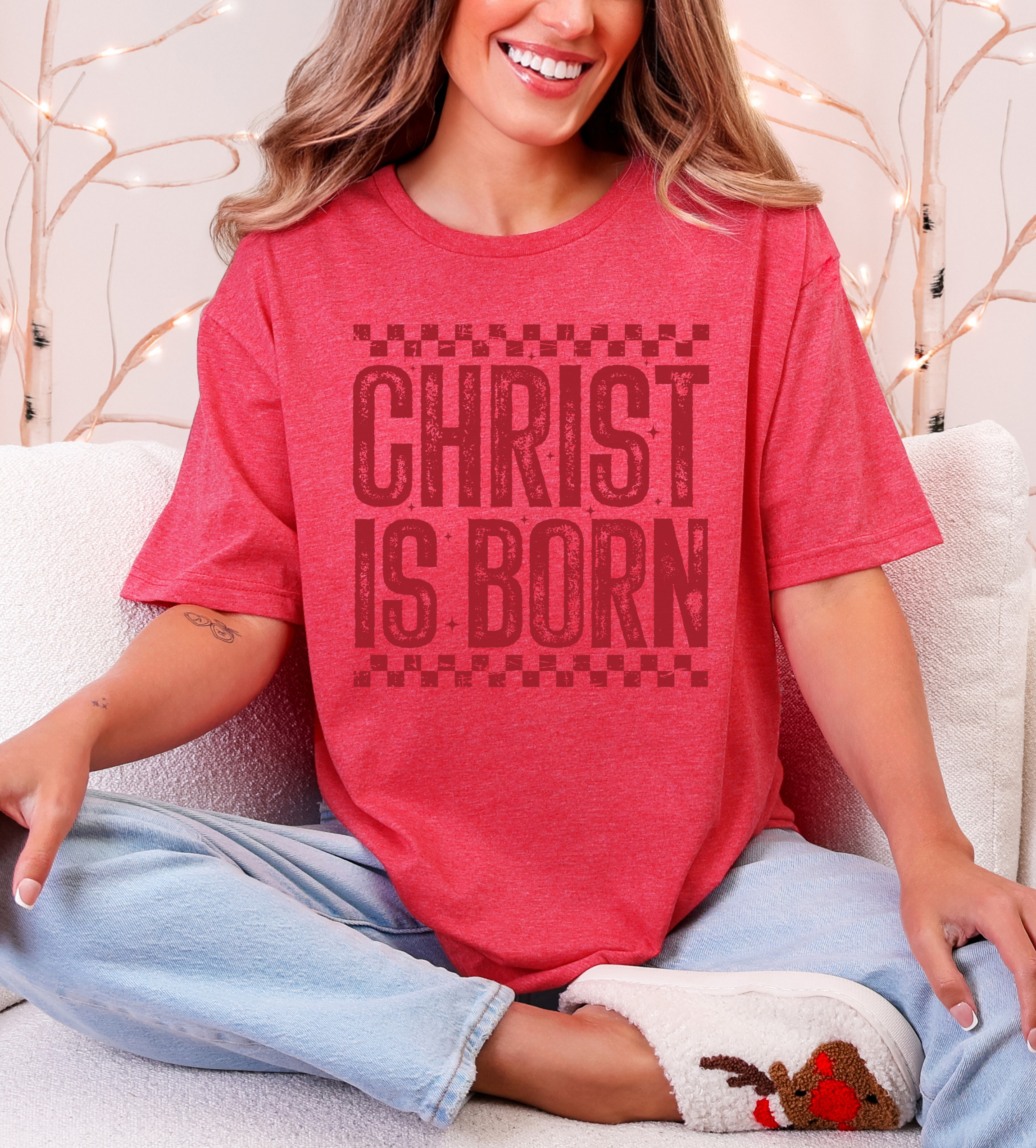 Red distressed unisex T-shirt with 'CHRIST IS BORN' pixel graphic, crew neck