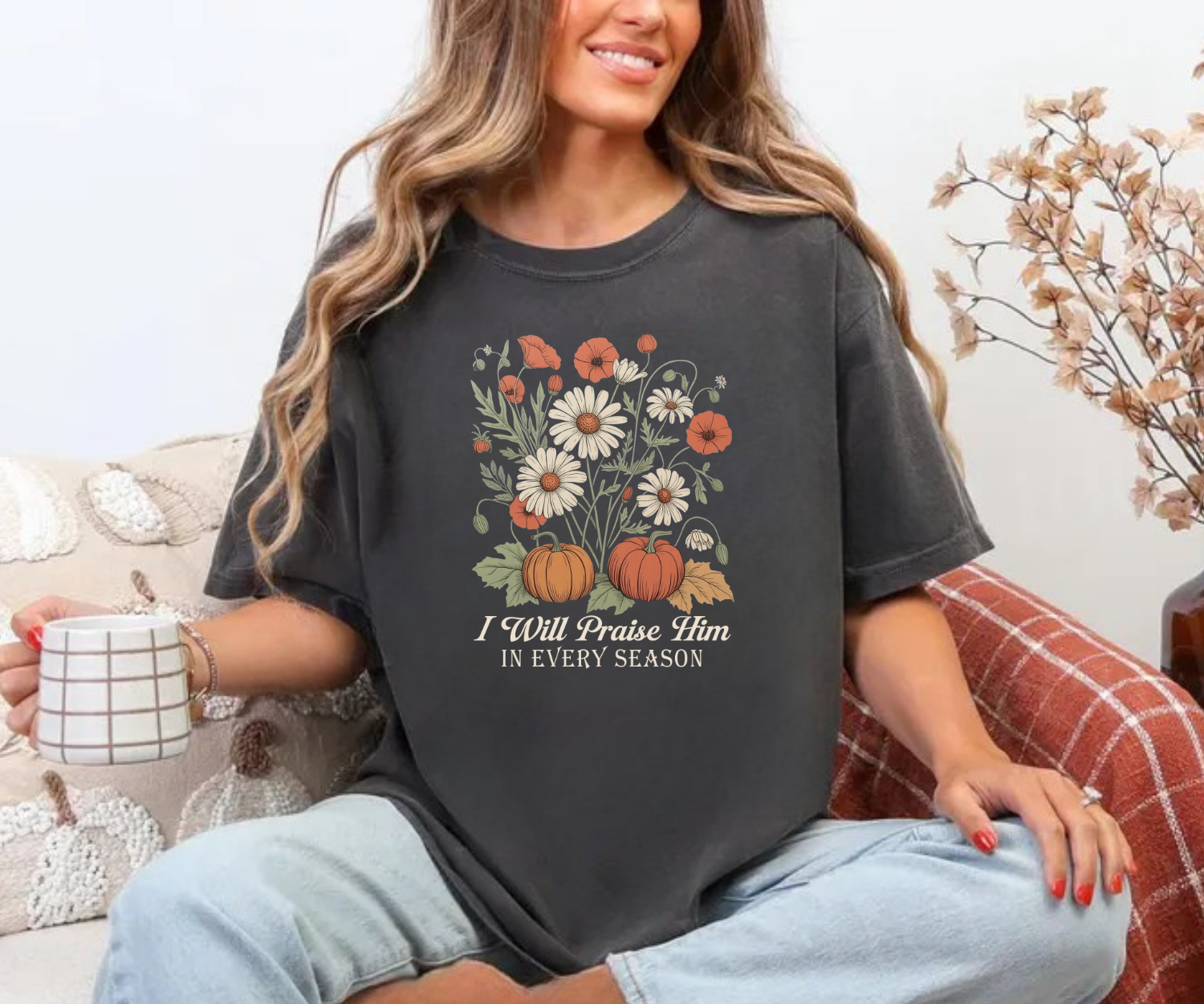 Dark floral graphic tee with pumpkins and “I Will Praise Him in Every Season”