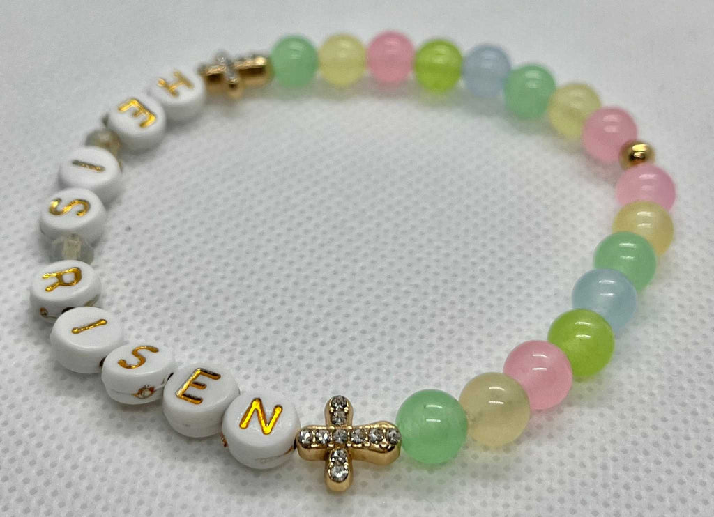 Bead bracelet with “HE IS RISEN” beads, multicolor stones, and gold cross accents