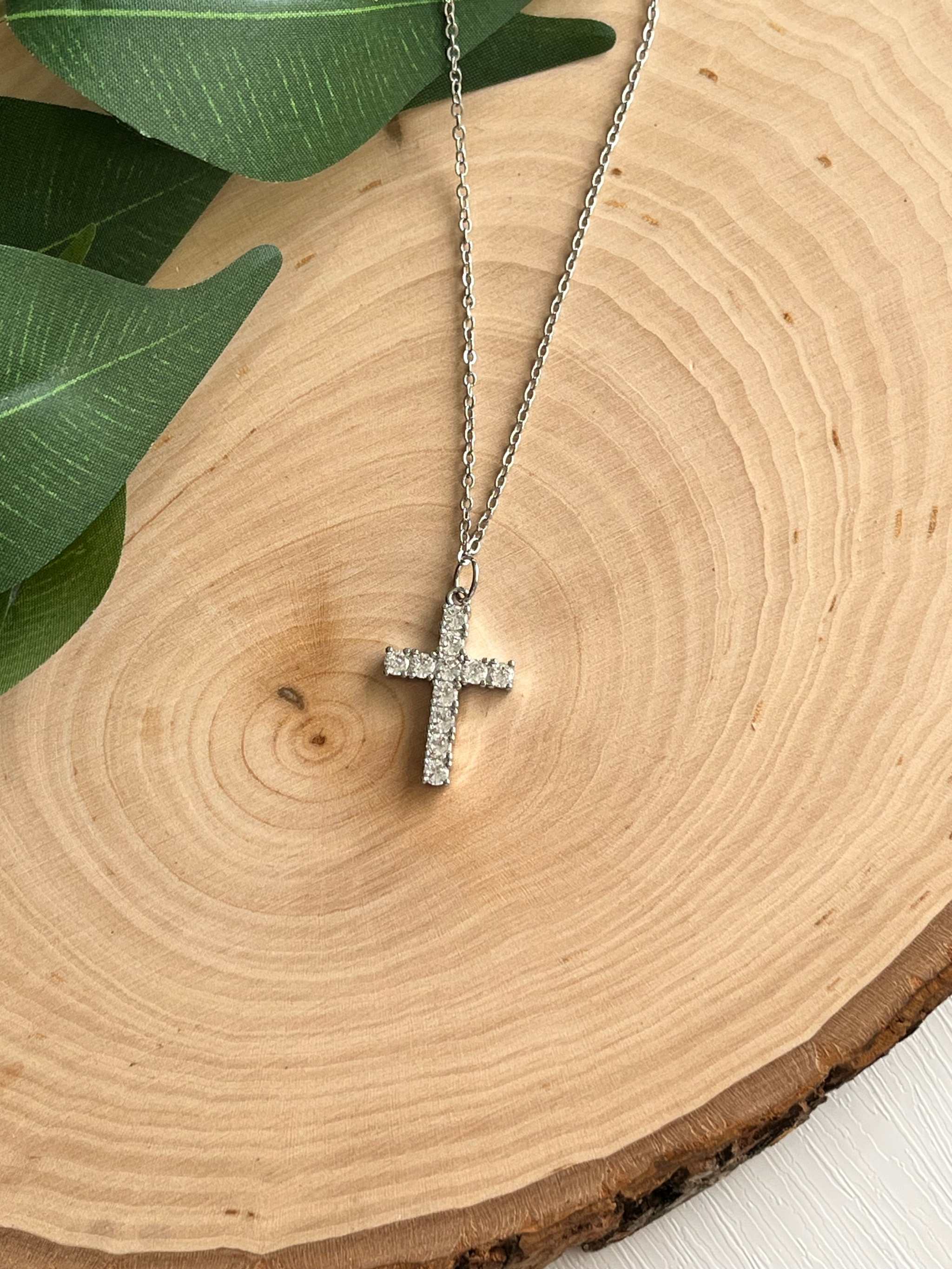 Silver cross pendant necklace with sparkling rhinestone cross pendant on chain