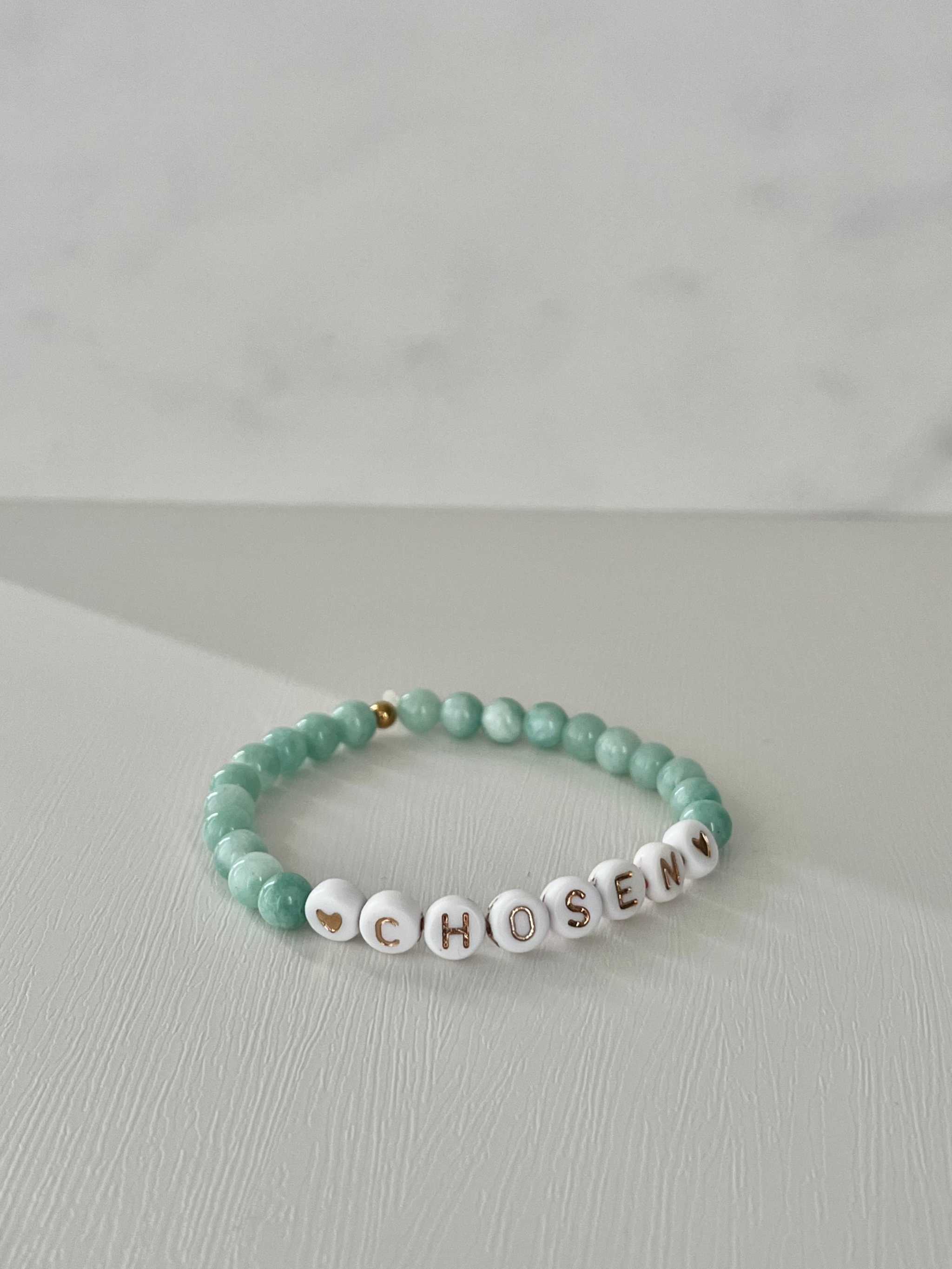 Jade green bead bracelet with white CHOSEN letter beads and gold spacer