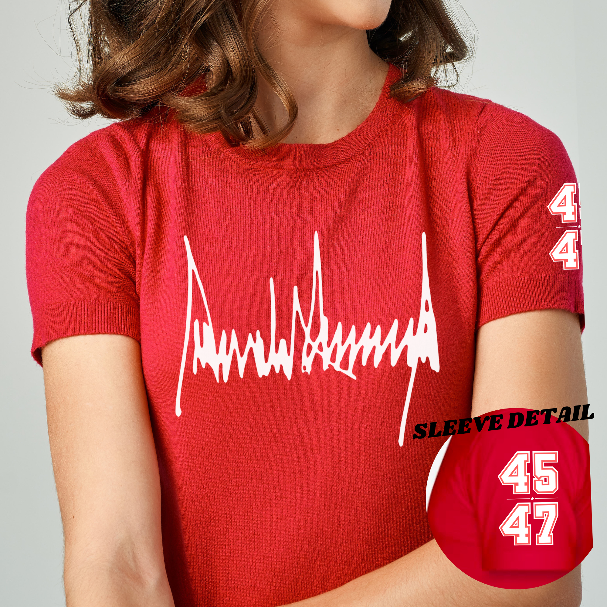 Red T-shirt with white waveform graphic and 45/47 sleeve detail patch