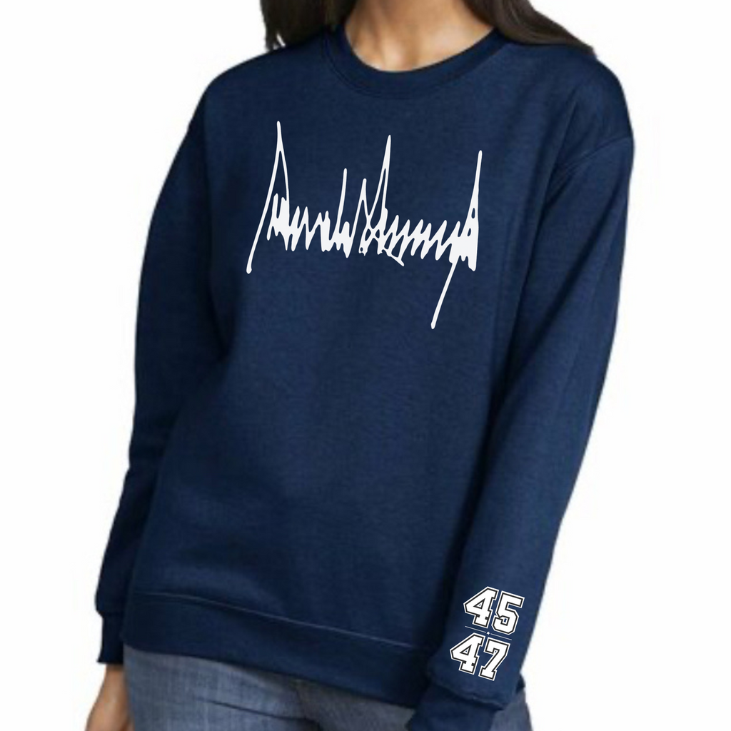 Navy crewneck sweatshirt with white waveform graphic and 45/47 sleeve patch
