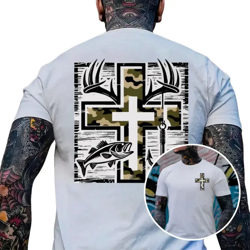 Light blue fishing T-shirt with camo cross antlers and bass graphic on back