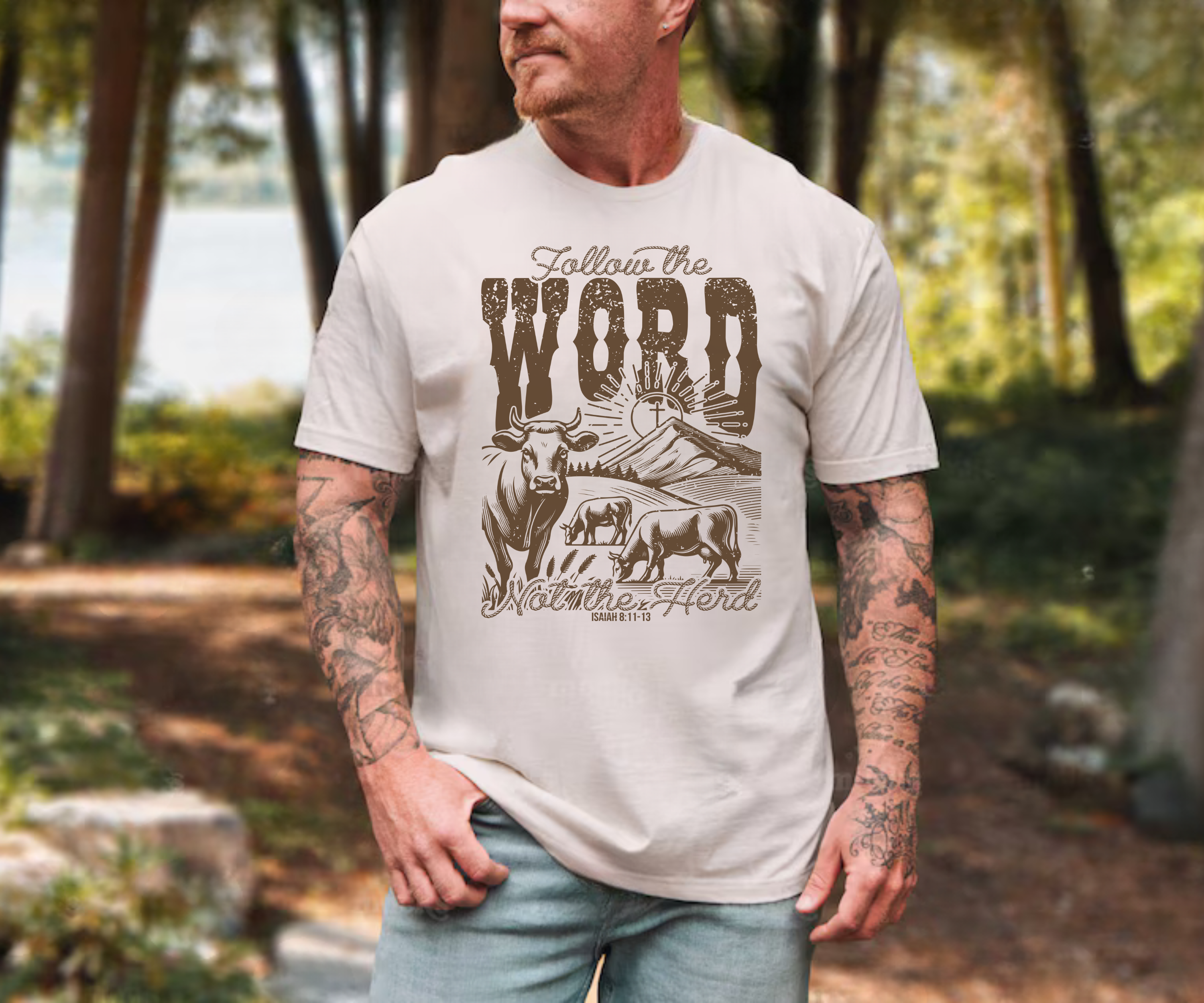 White graphic slogan T-shirt with large chest print, crew neck, short sleeves