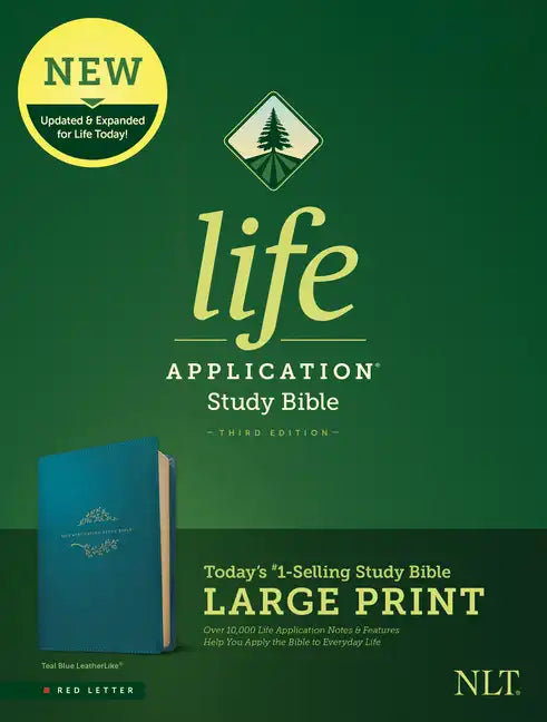 Teal blue large-print leatherlike study Bible cover with Life Application text