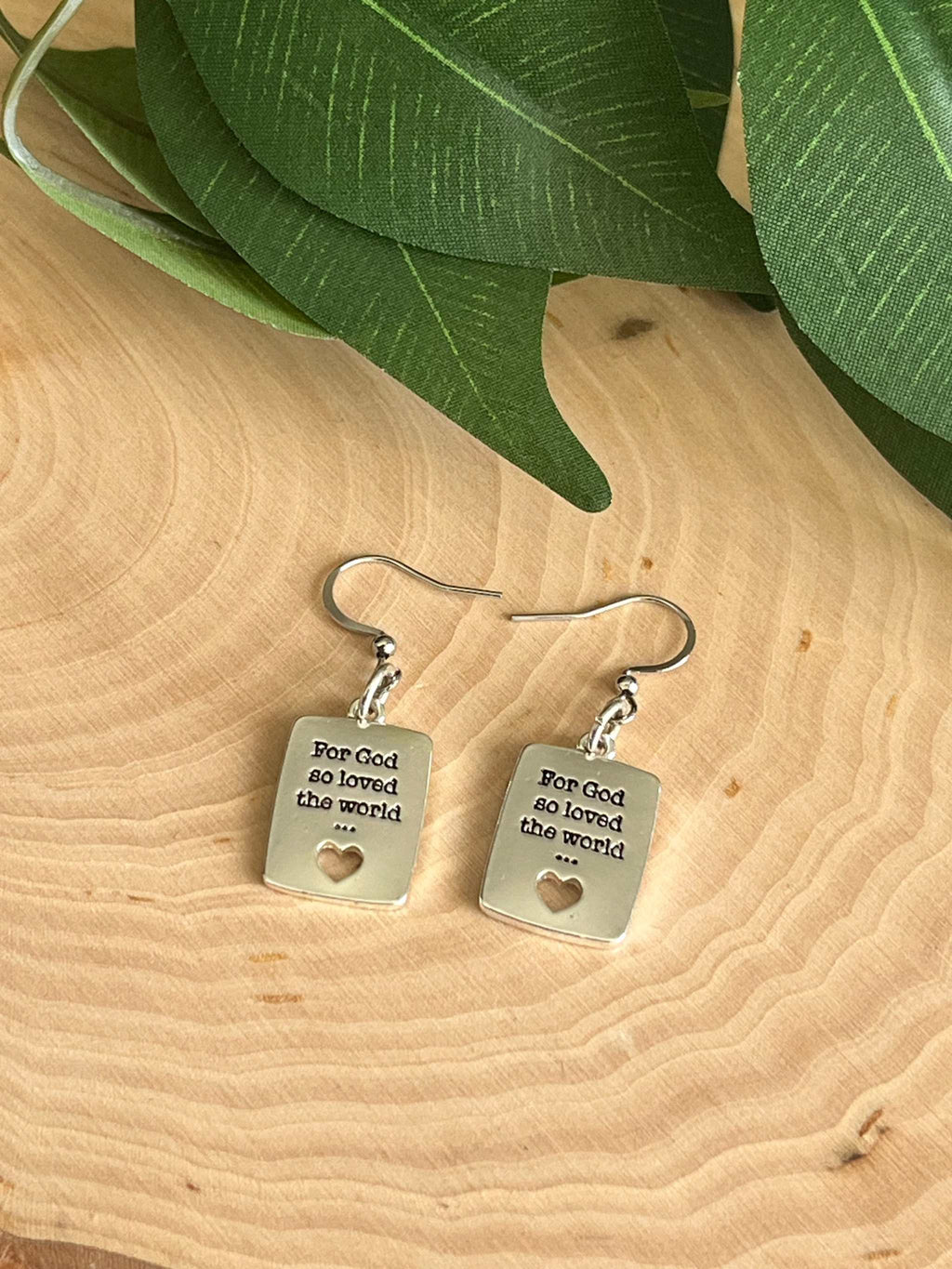 Silver dangle earrings with square tags, heart cutout, engraved 'For God so loved the world'