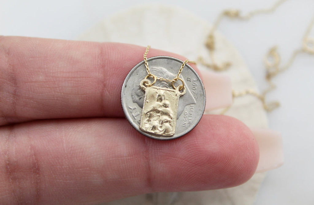 Rectangular scapular charm with loop bail on gold chain