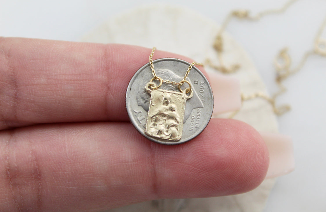 Rectangular scapular charm with loop bail on gold chain