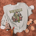 Gray crewneck sweatshirt with vintage house graphic and colorful text print