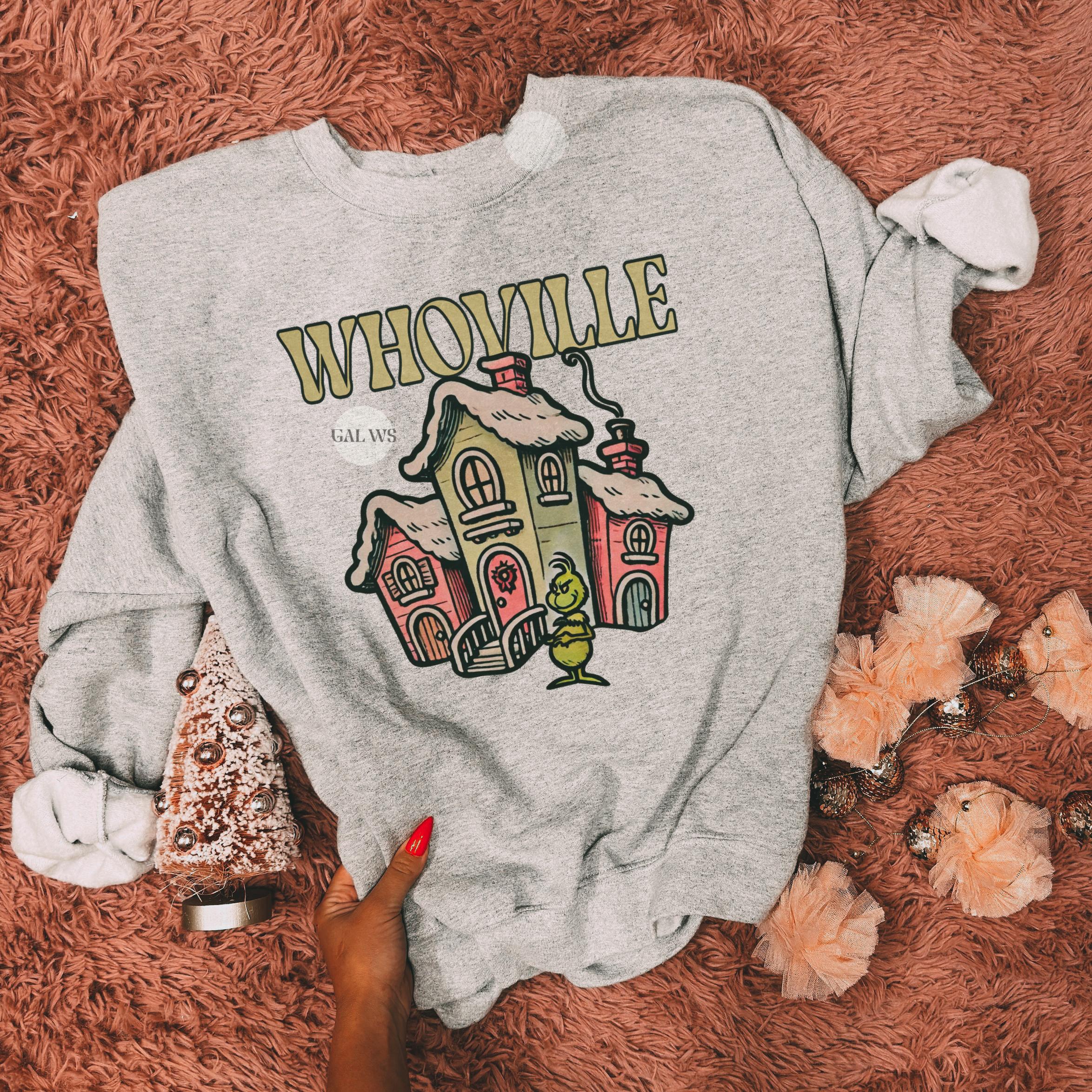 Gray crewneck sweatshirt with vintage house graphic and colorful text print