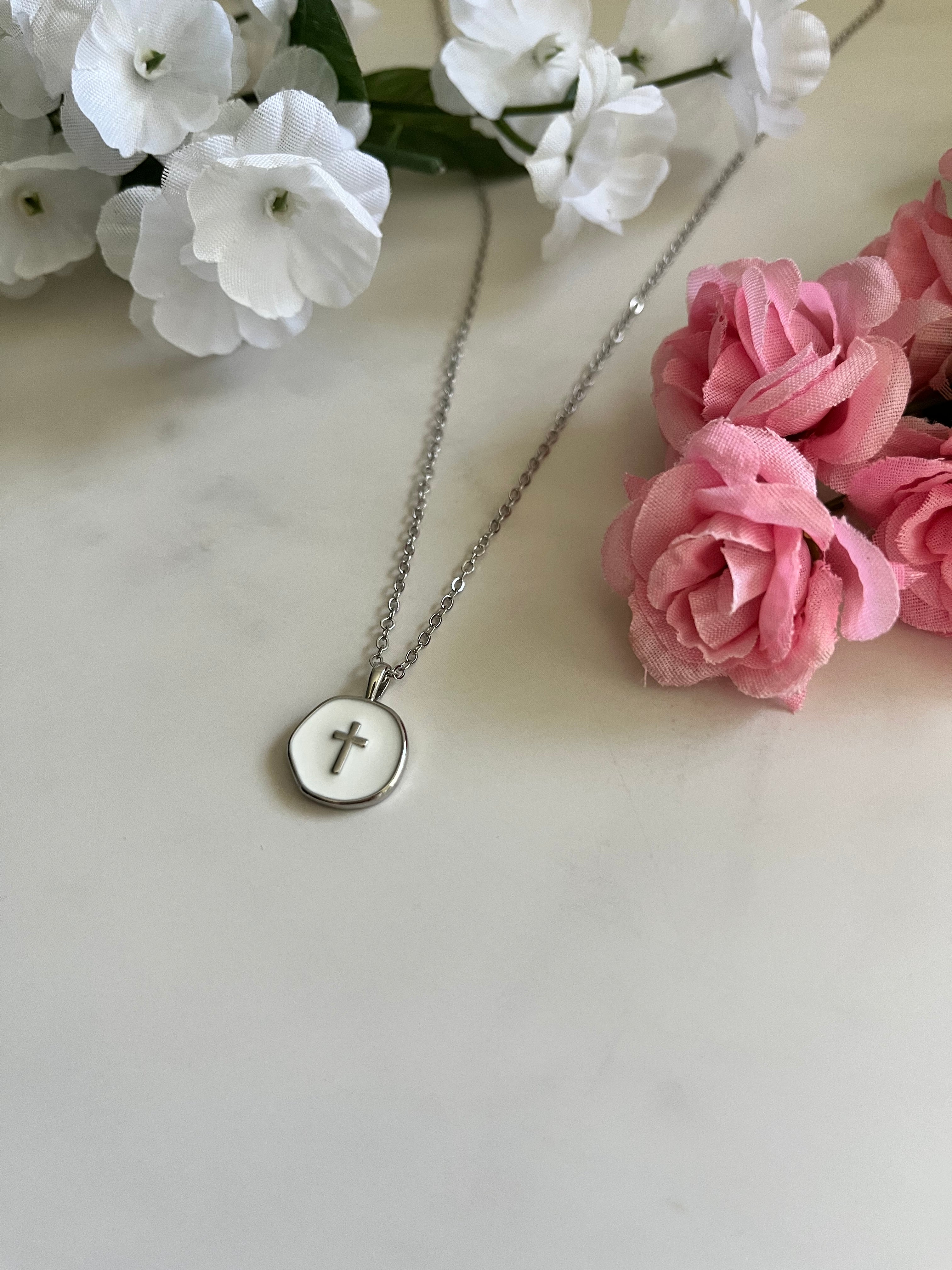 Silver chain necklace with small round cross pendant