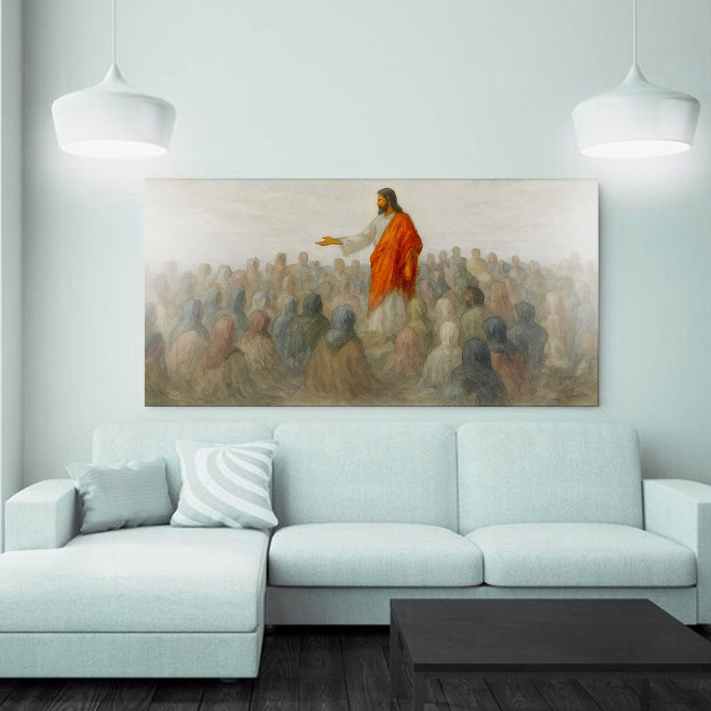 Landscape canvas wall art showing a robed speaker in front of a crowd