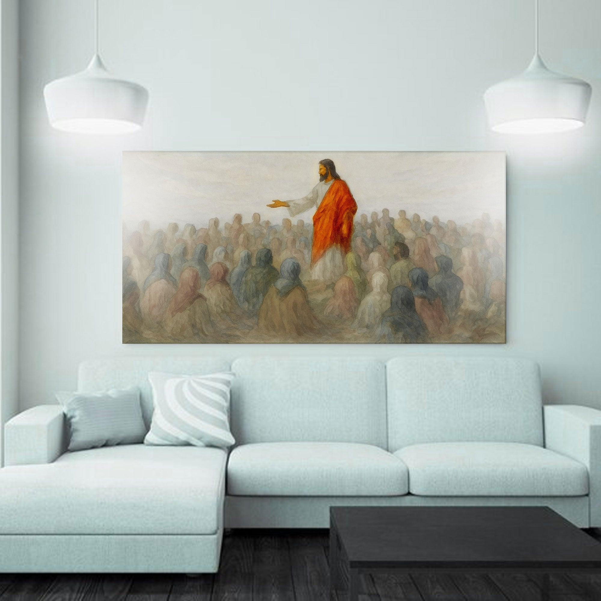 Landscape canvas wall art showing a robed speaker in front of a crowd