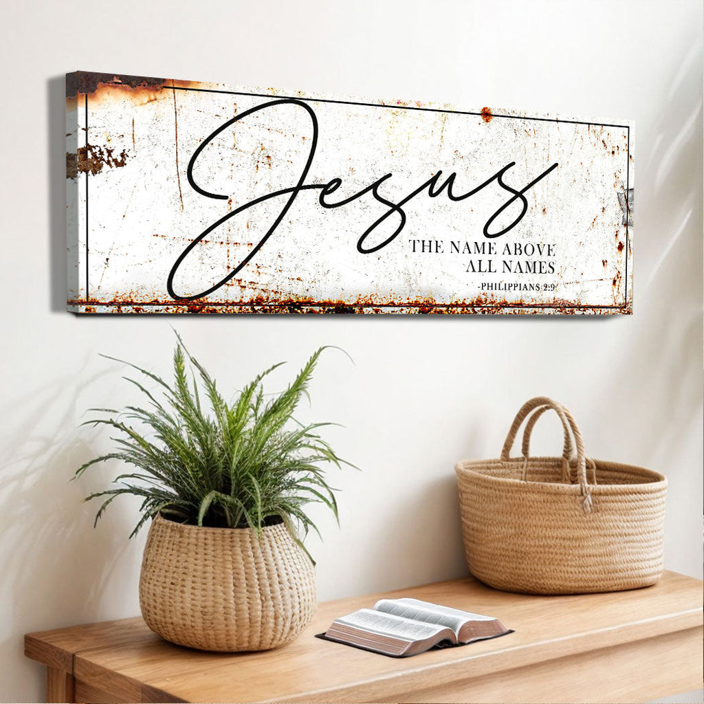 Jesus canvas wall art with rust splatter edge and scripture text, horizontal