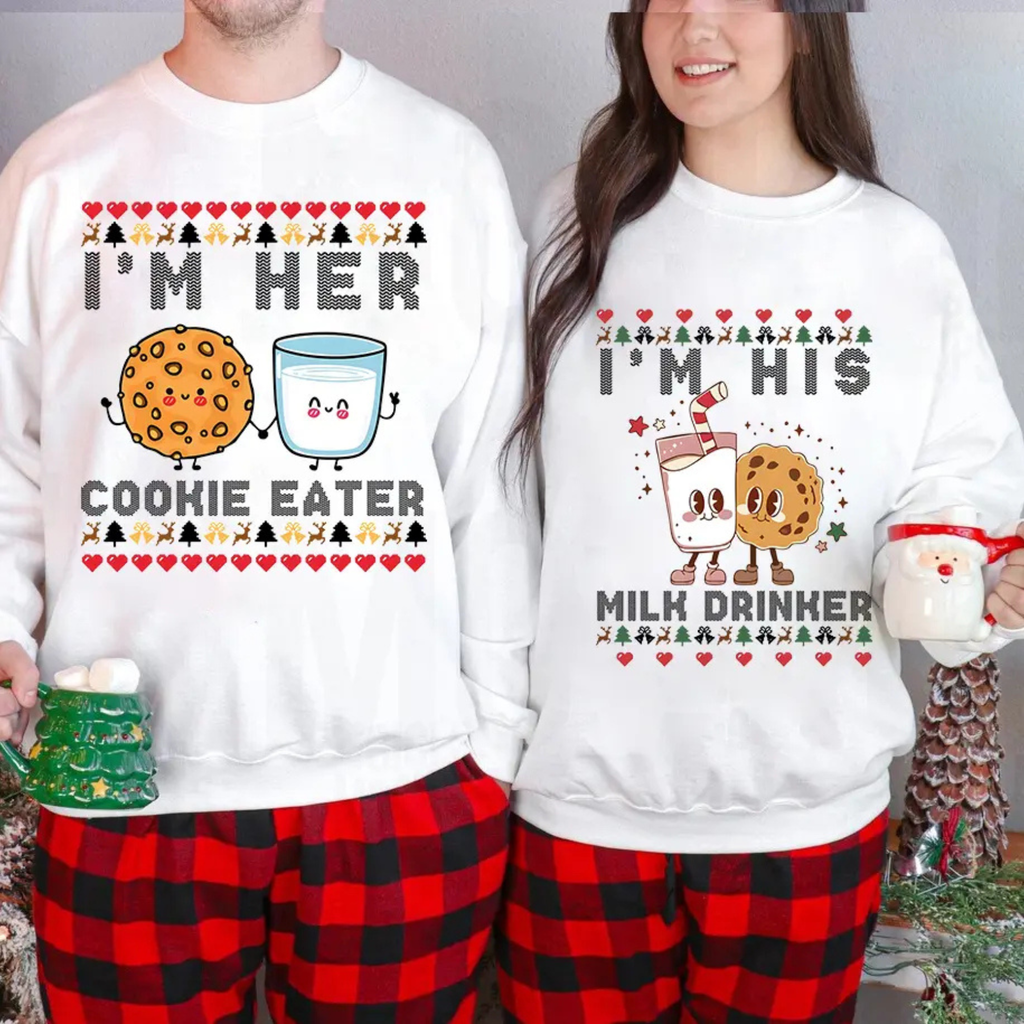 Matching Christmas sweatshirt set with “I’M HER” cookie eater and “I’M HIS” milk drinker prints