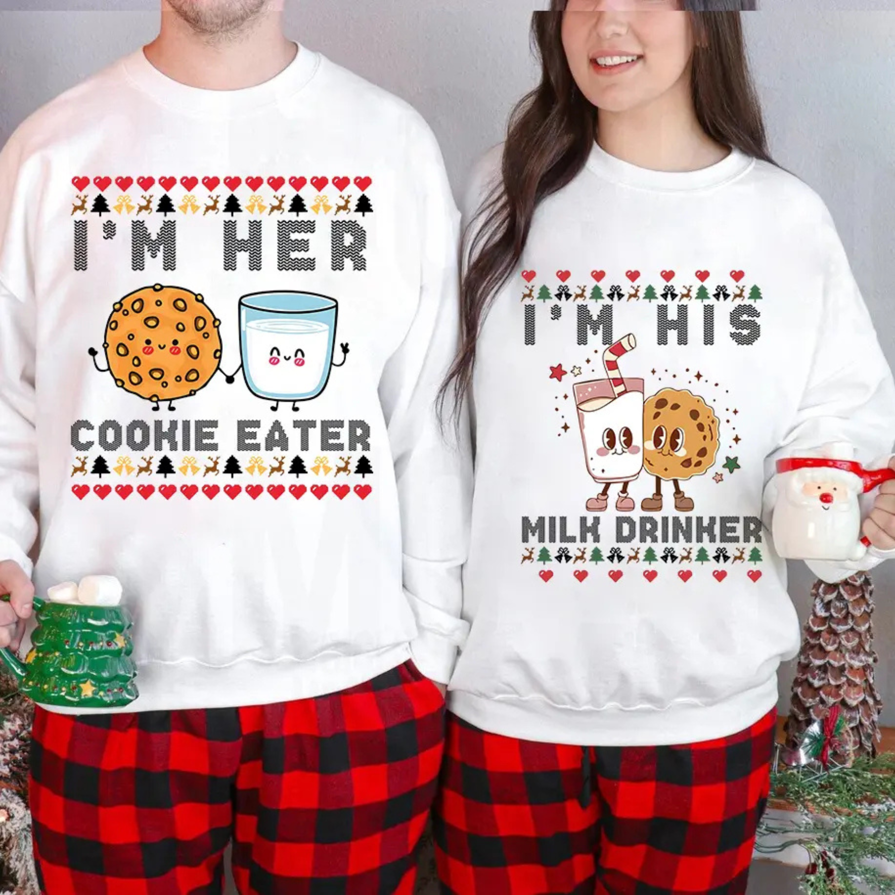 Matching Christmas sweatshirt set with “I’M HER” cookie eater and “I’M HIS” milk drinker prints