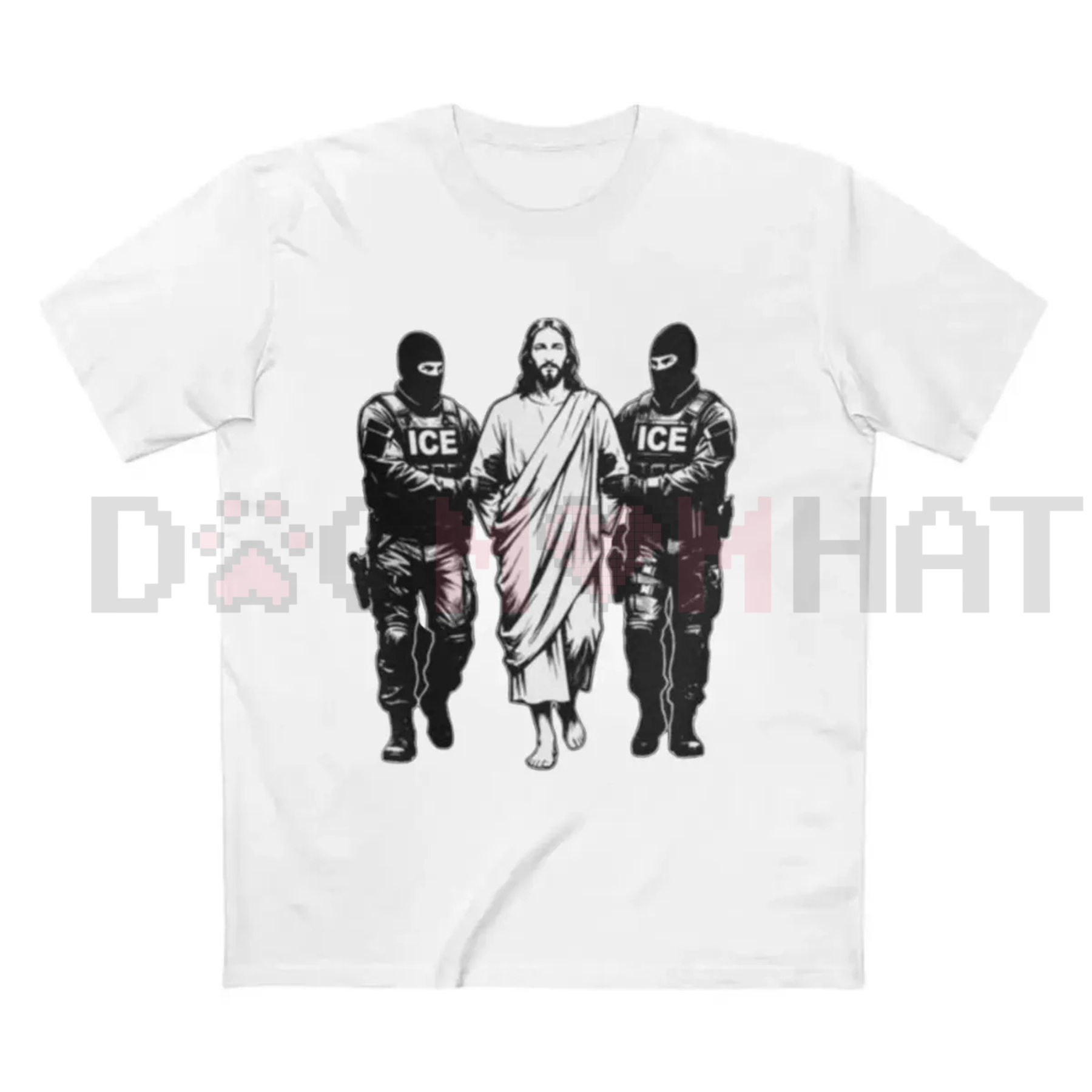 Natural T-shirt with graphic of three figures and a central robed figure