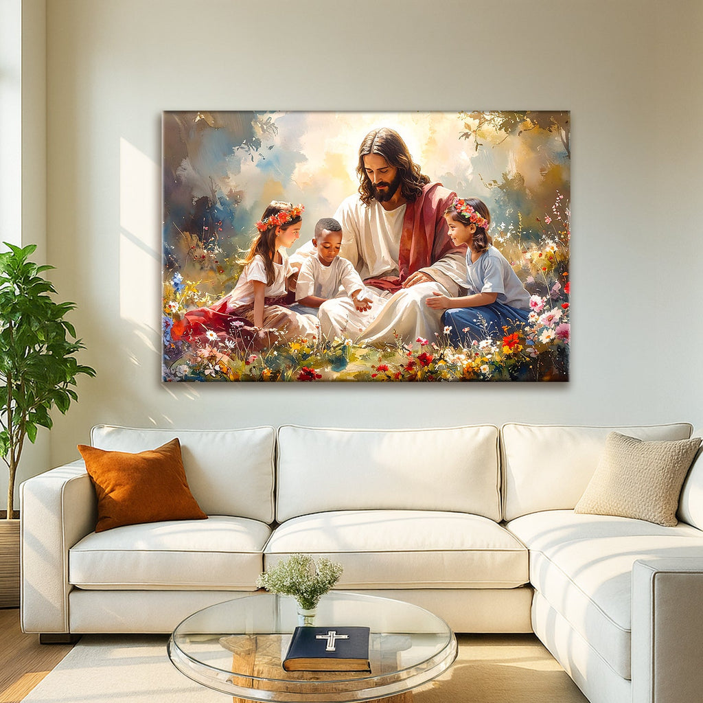 Wall canvas print of Jesus seated with three children in a bright floral meadow