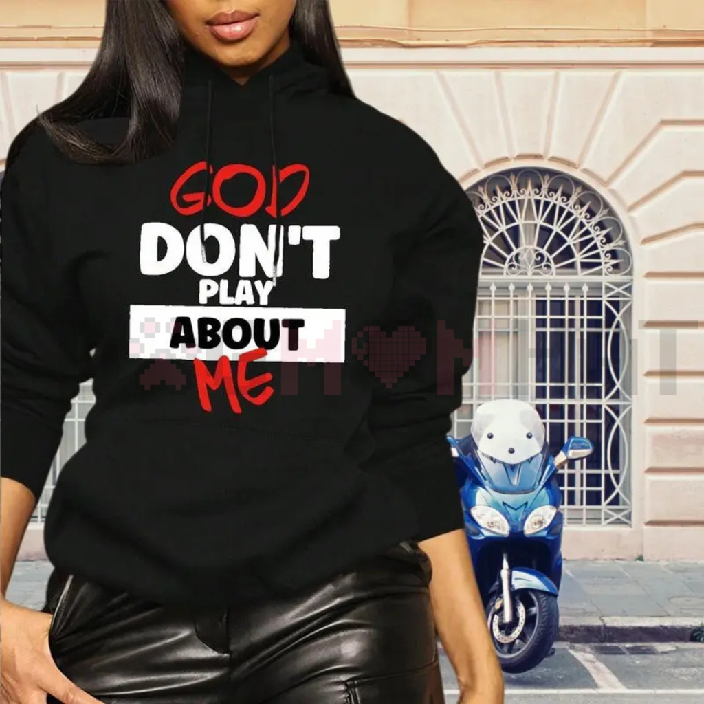Black hoodie with front graphic text, pullover hood and kangaroo pocket