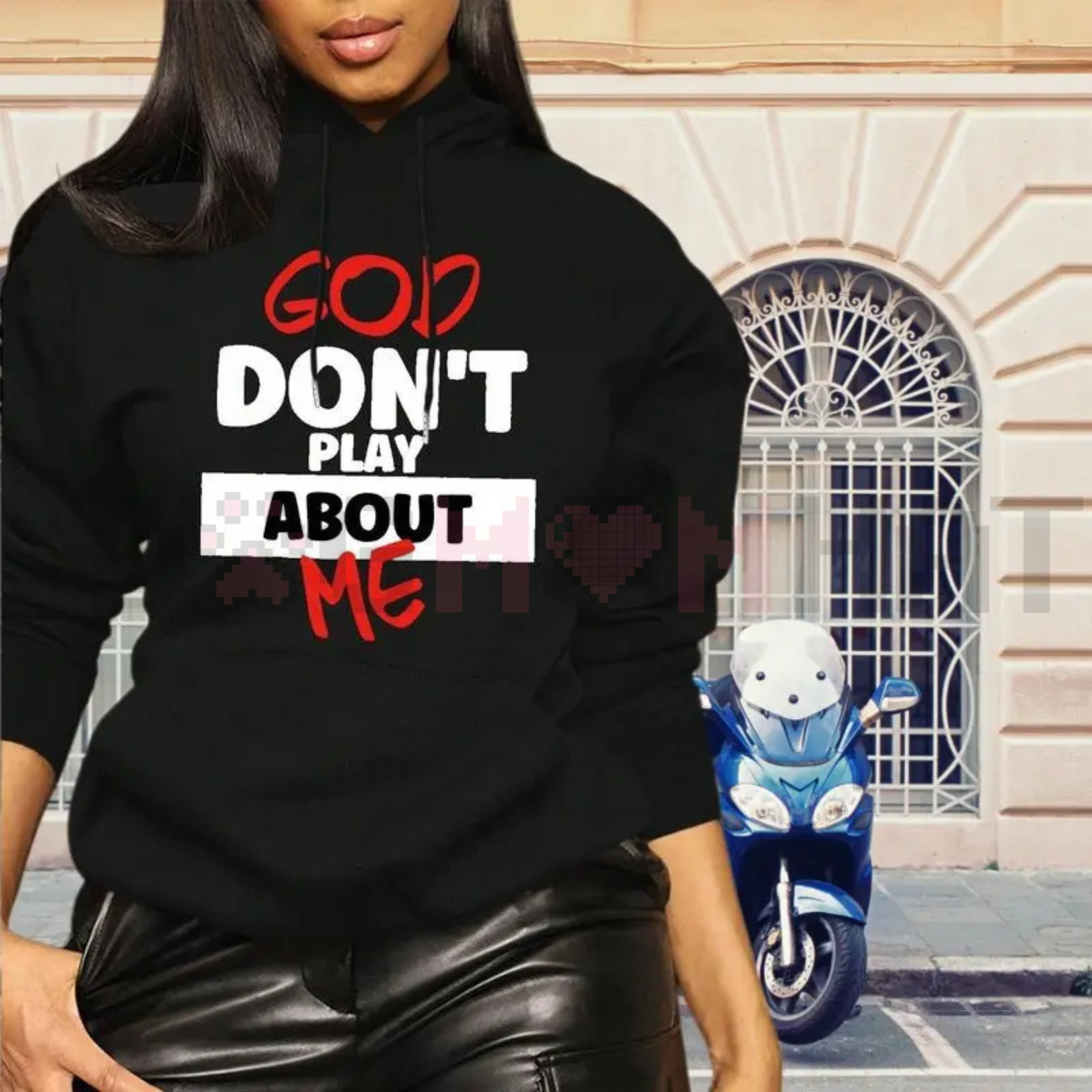 Black hoodie with front graphic text, pullover hood and kangaroo pocket