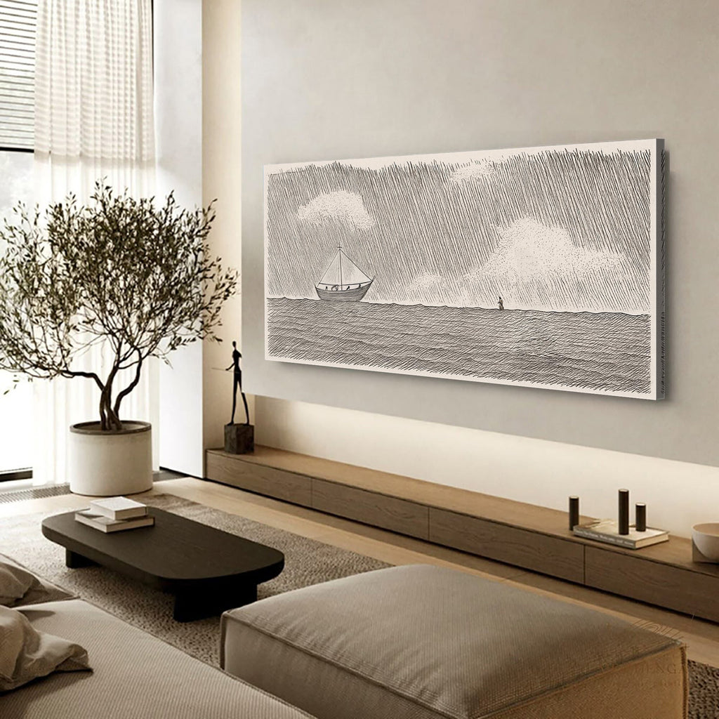 Jesus walking on water faith wall art canvas print showing sailboat in rainy sky