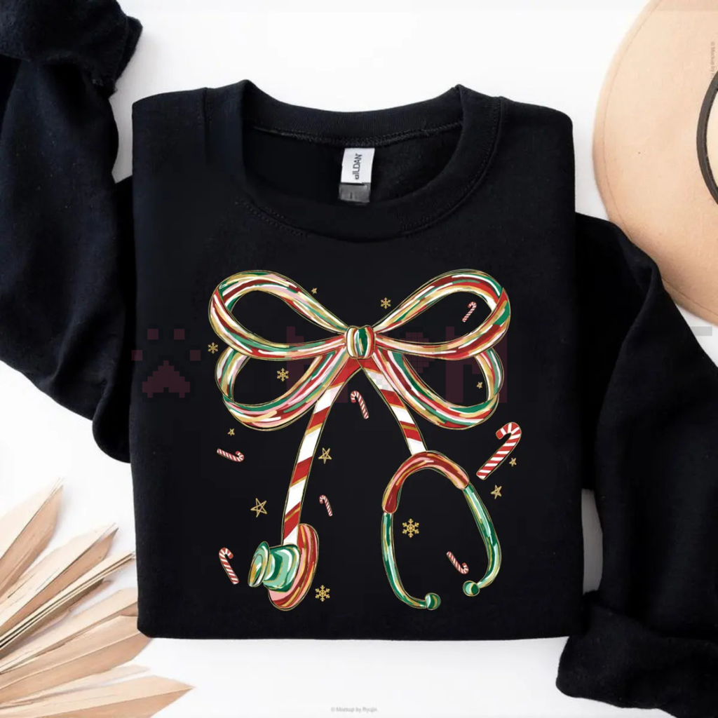 Black Christmas nurse sweatshirt with colorful bow and candy cane graphic on front
