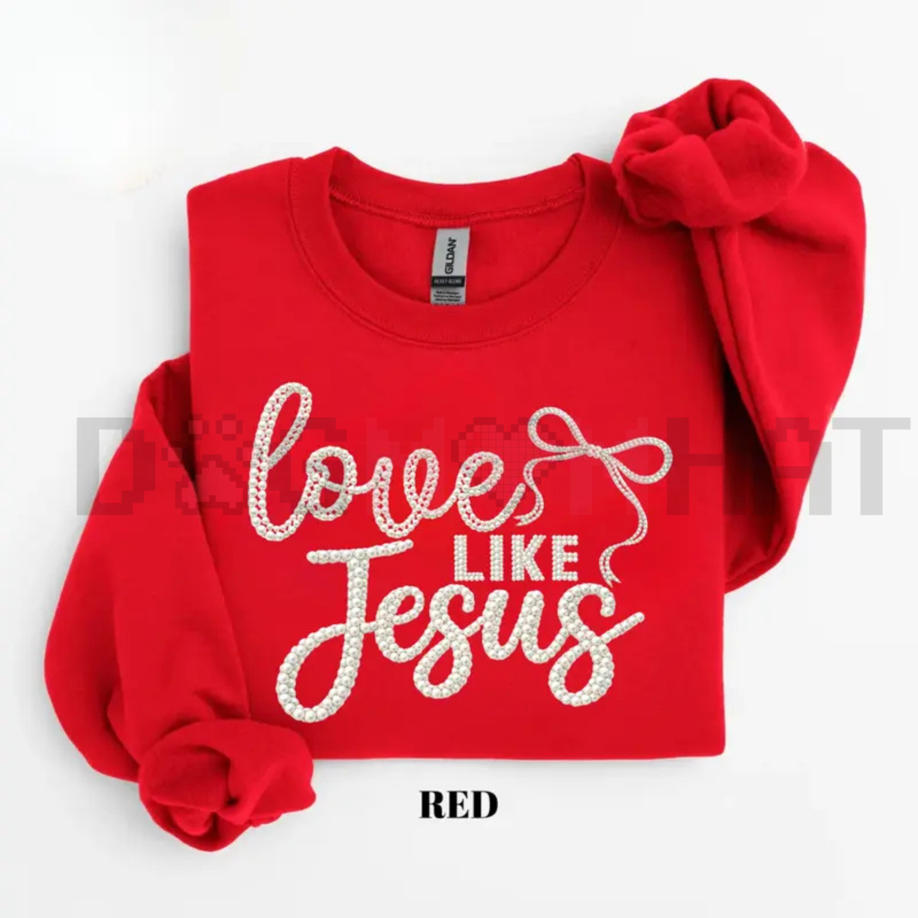 Red crewneck sweatshirt with knot sleeves and glitter-style "Love Like Jesus" print