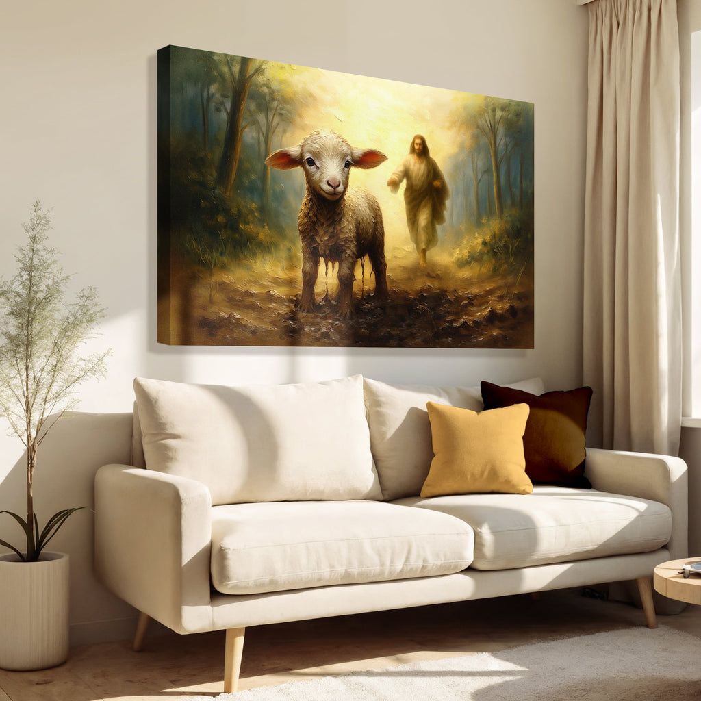 Religious wall art canvas of a lamb with Jesus walking behind it in woodland