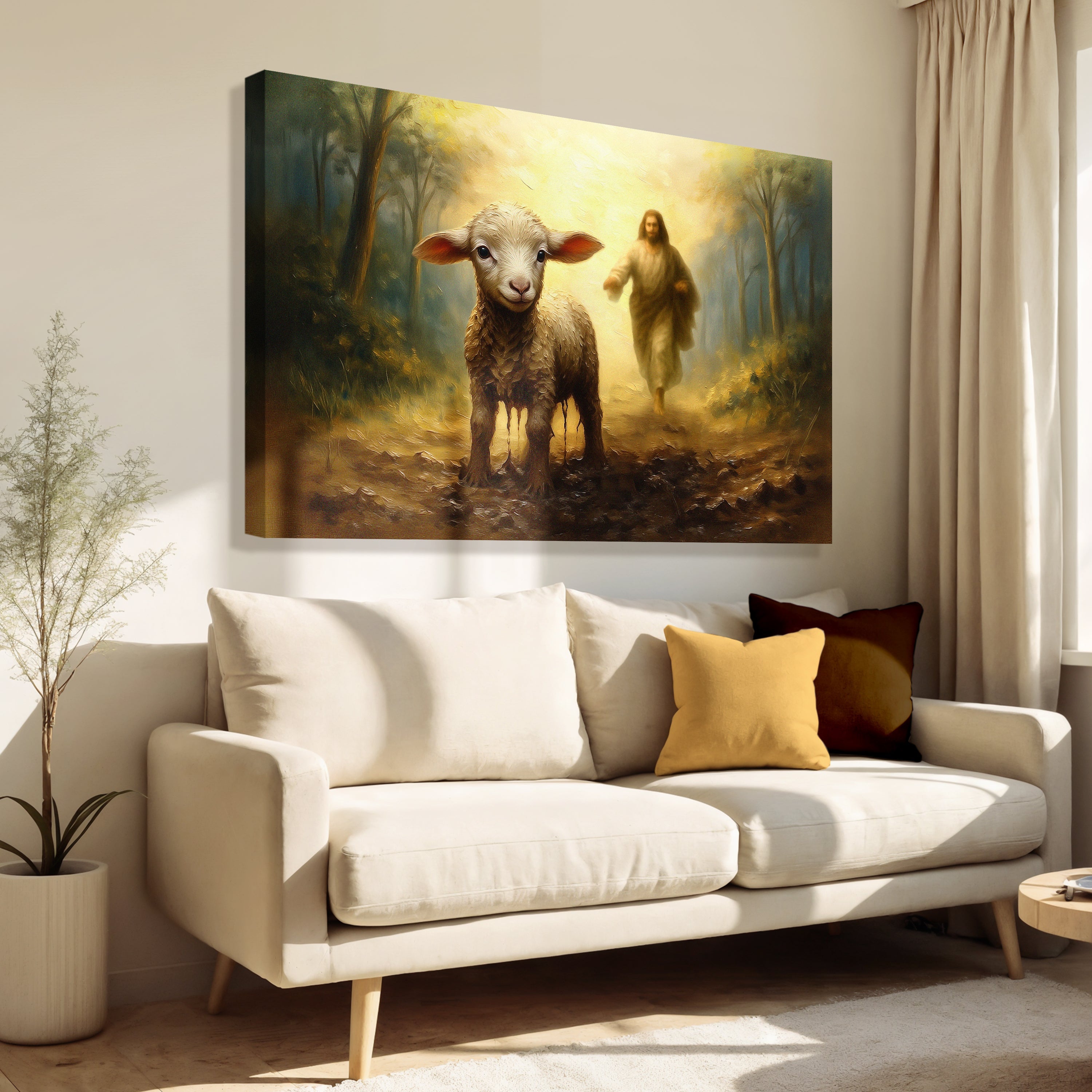 Religious wall art canvas of a lamb with Jesus walking behind it in woodland