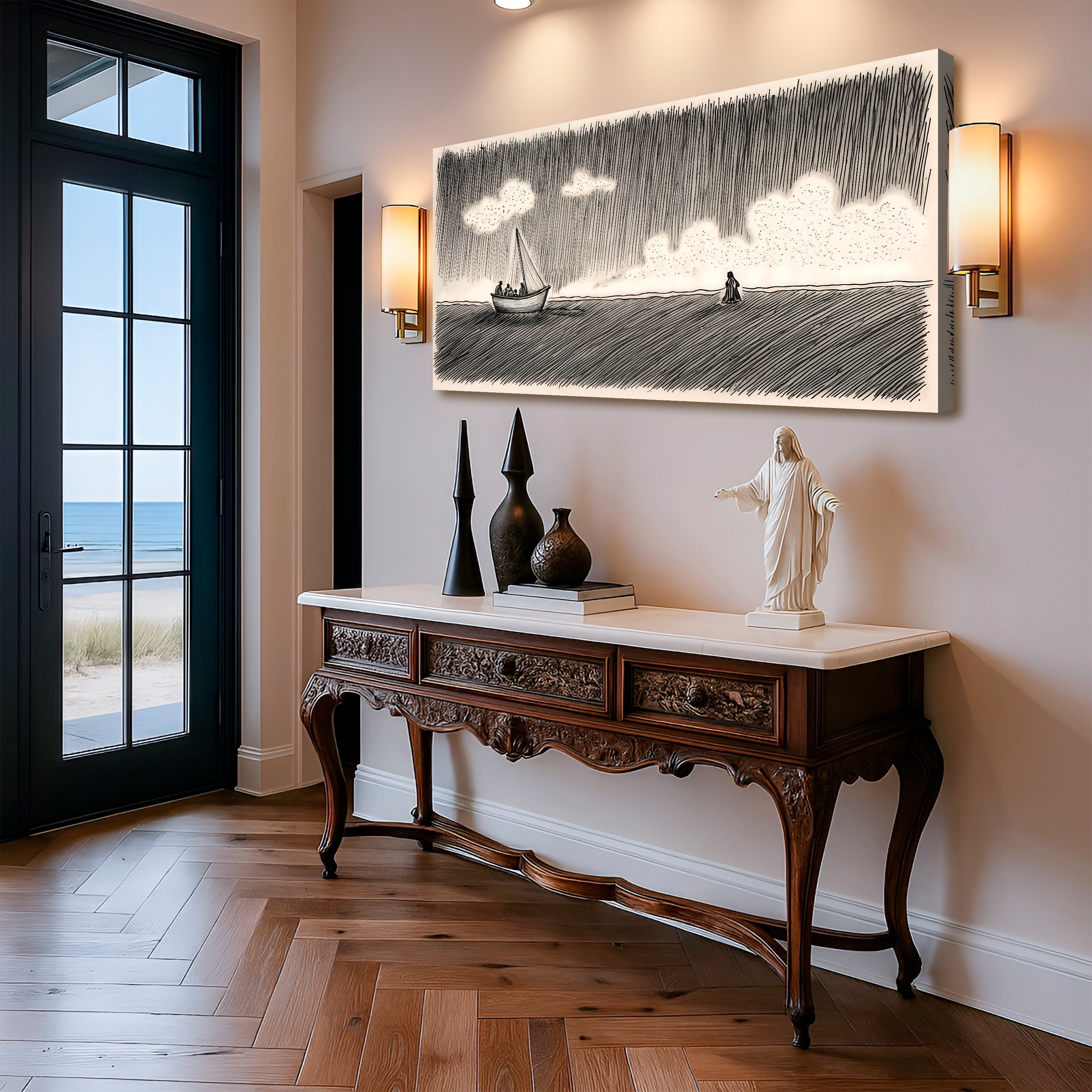Landscape canvas wall art with sailboat on dark waves and white cloud forms