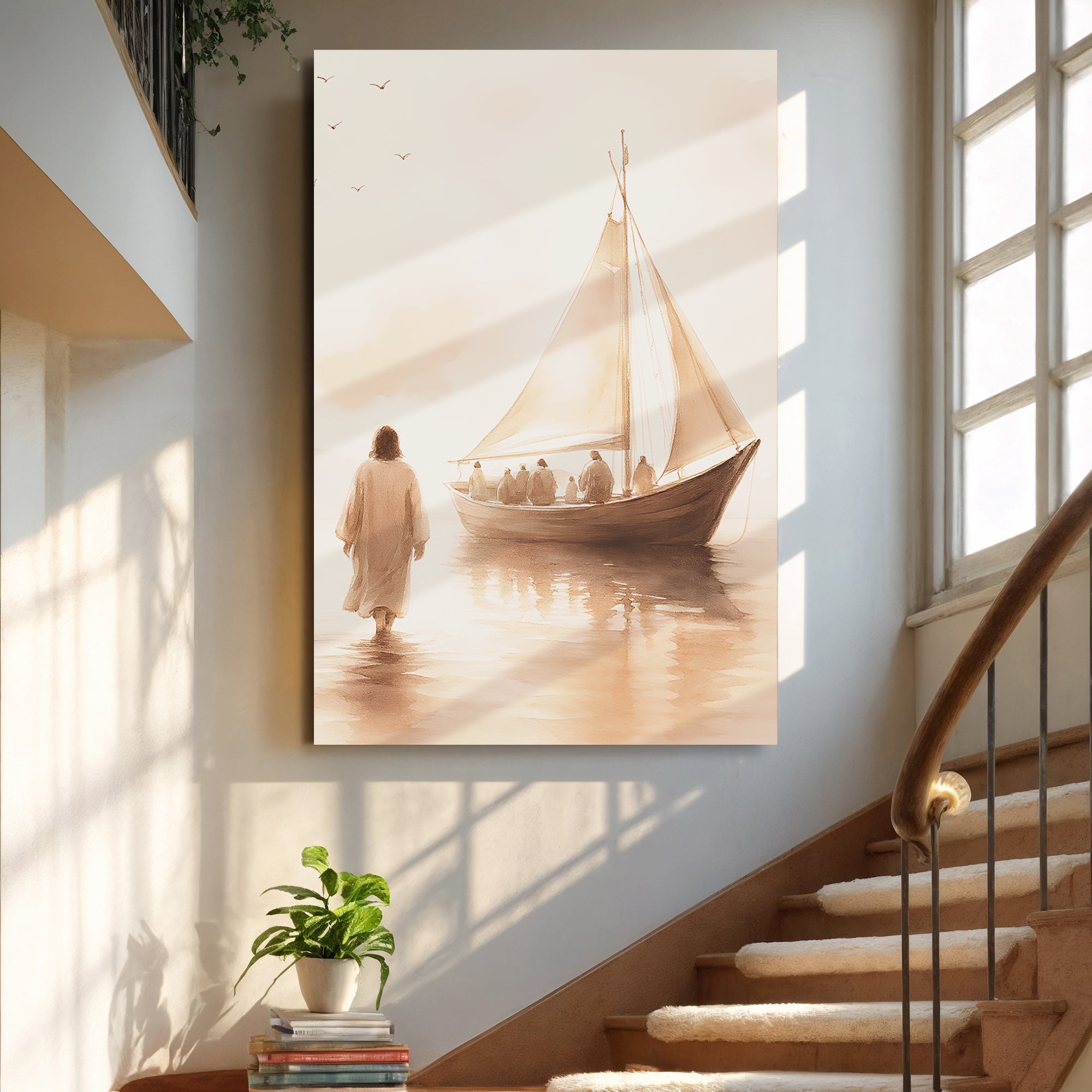 Faith-themed wall art canvas above stairs, featuring robed figure and sailboat on water