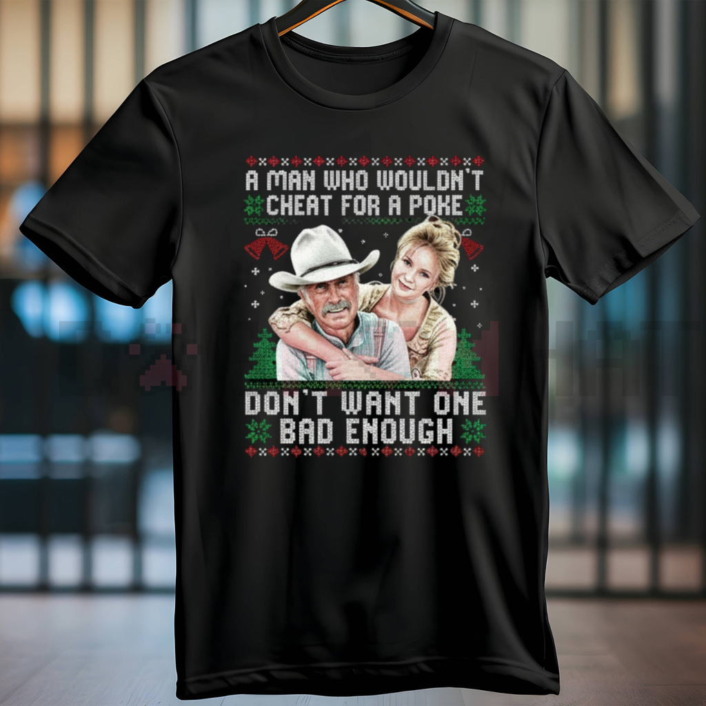 Black crewneck T-shirt with centered western character graphic