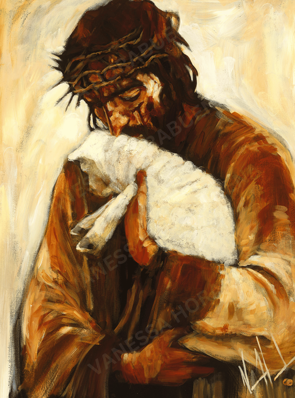 Close-up art print of a robed figure holding a white cloth, dark hair and warm colors