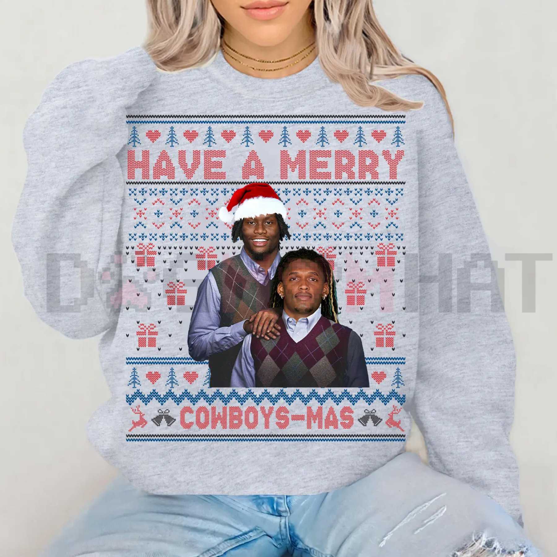 Light gray Christmas graphic sweatshirt with 'Have a Merry Cowboys-Mas' print