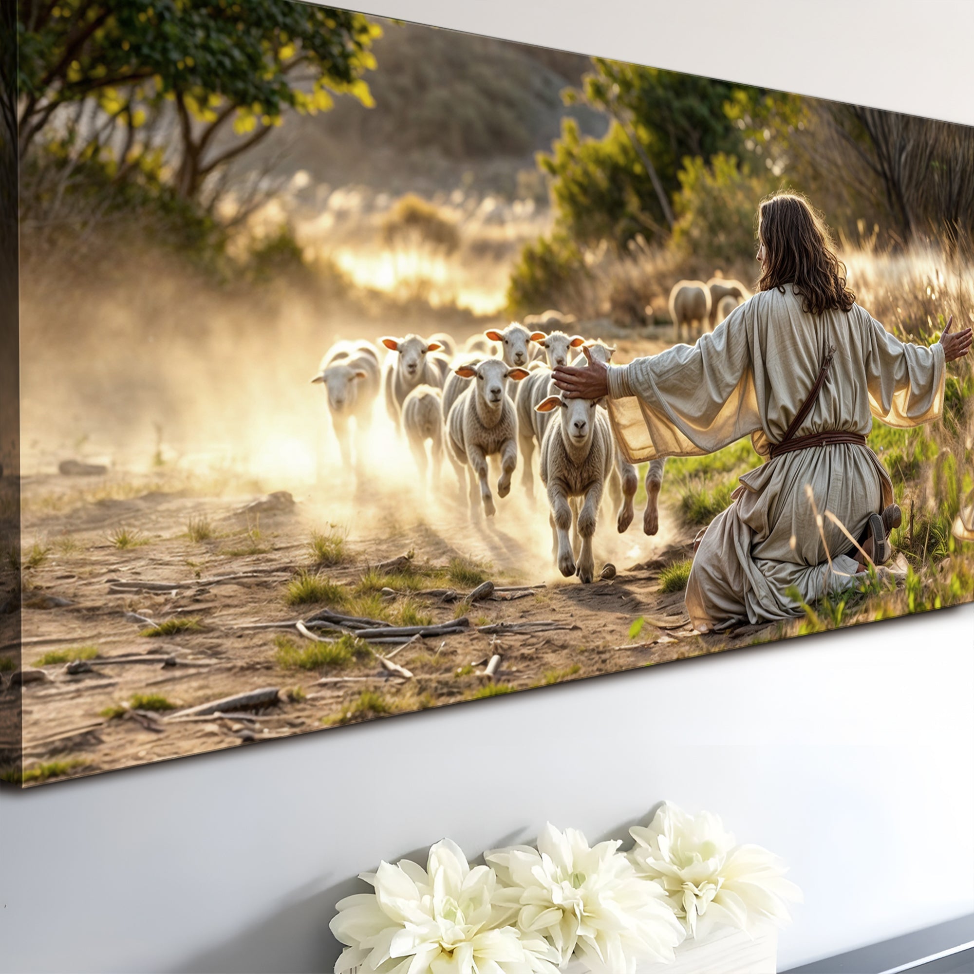 Close view of landscape canvas wall art: kneeling figure guiding sheep toward sunrise