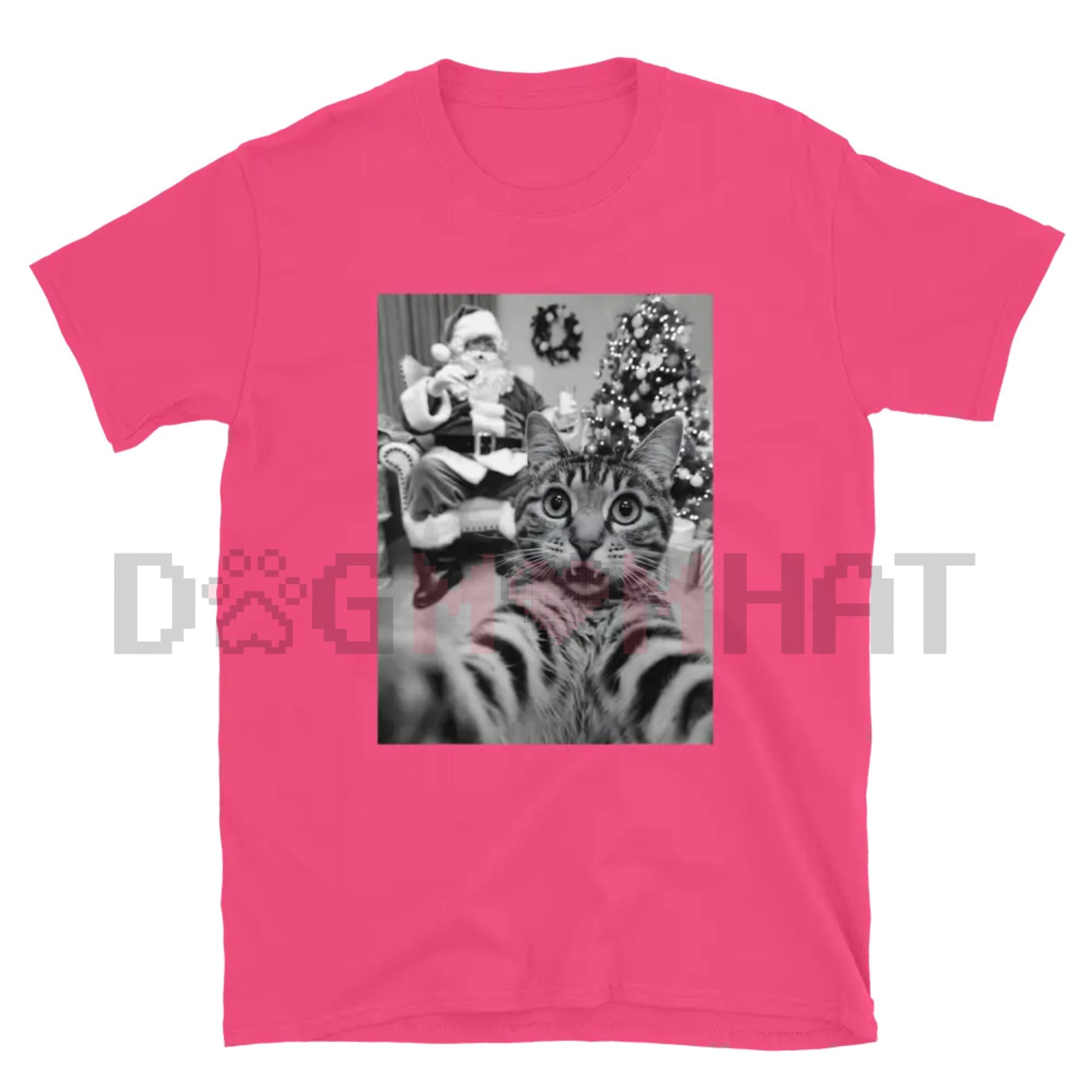 Unisex pink T-shirt with grayscale cat and holiday graphic print on front