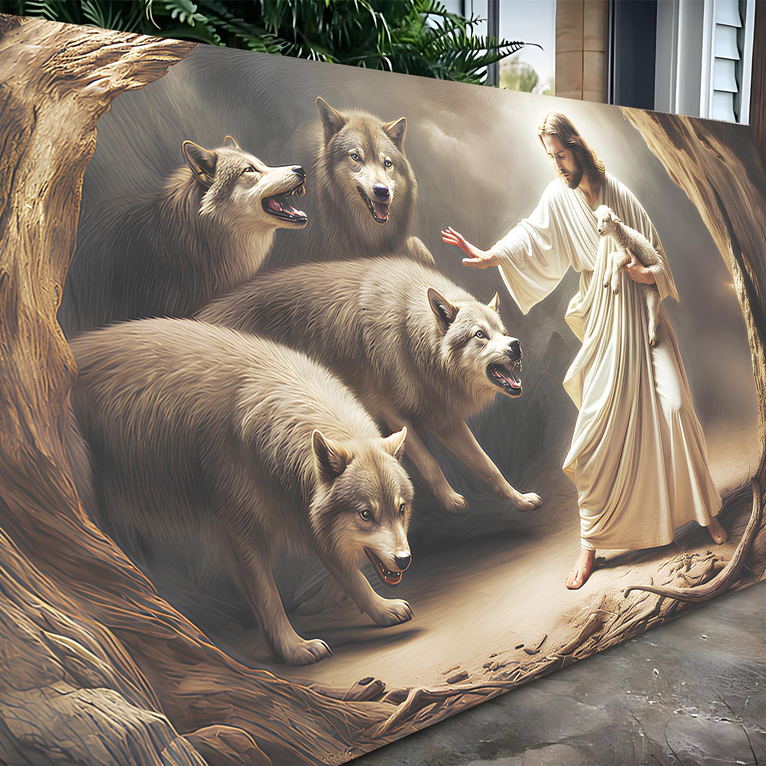Jesus in white robe guiding lambs in a cave painting on wall art canvas