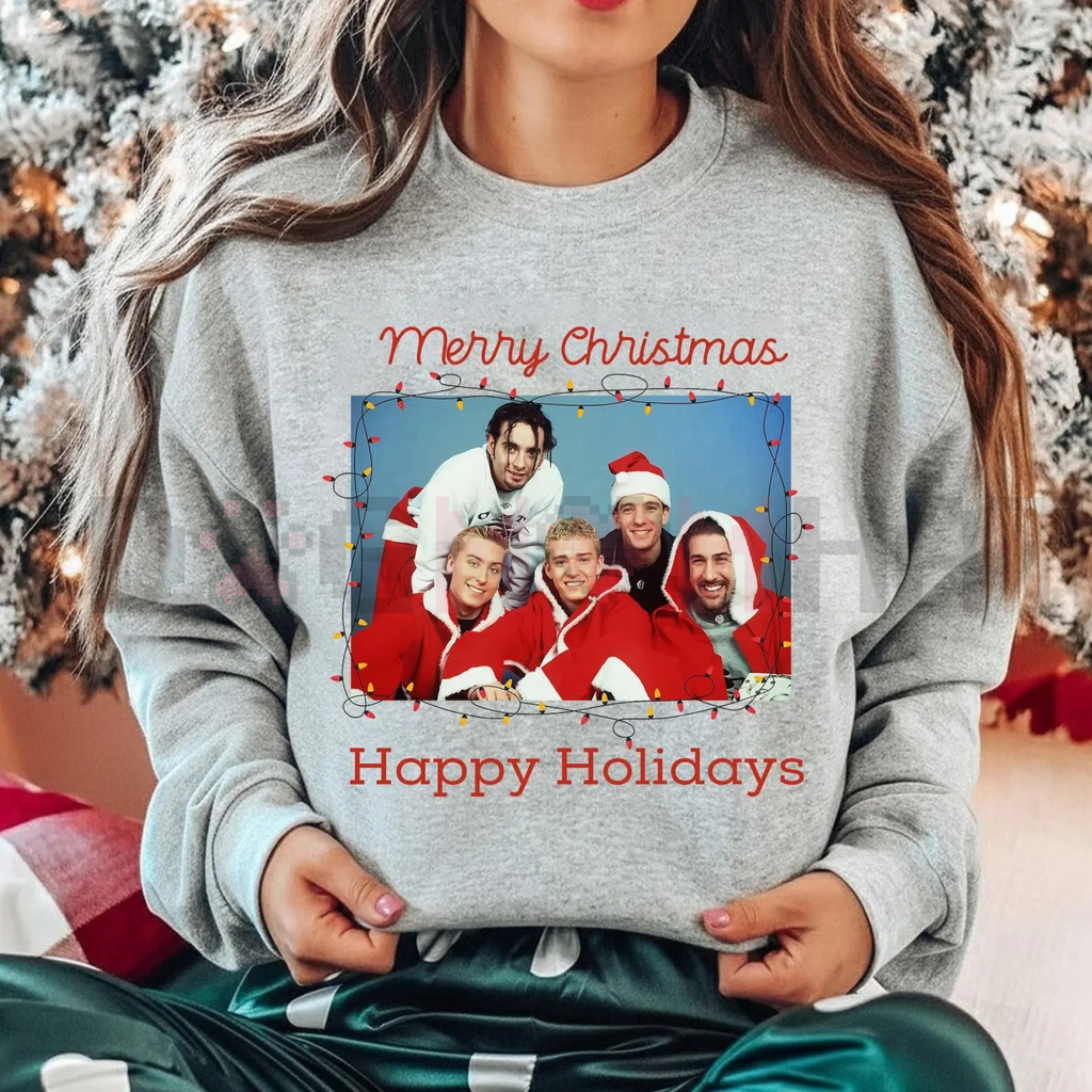 Heather gray crewneck sweatshirt with Christmas photo graphic and red holiday text