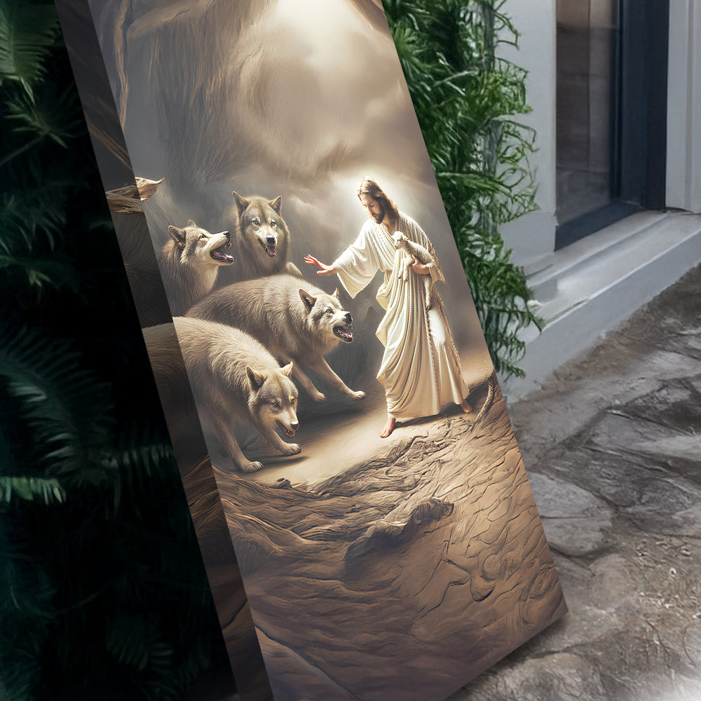 Faith wall art canvas tilted view showing Jesus and wolves around lambs in sand