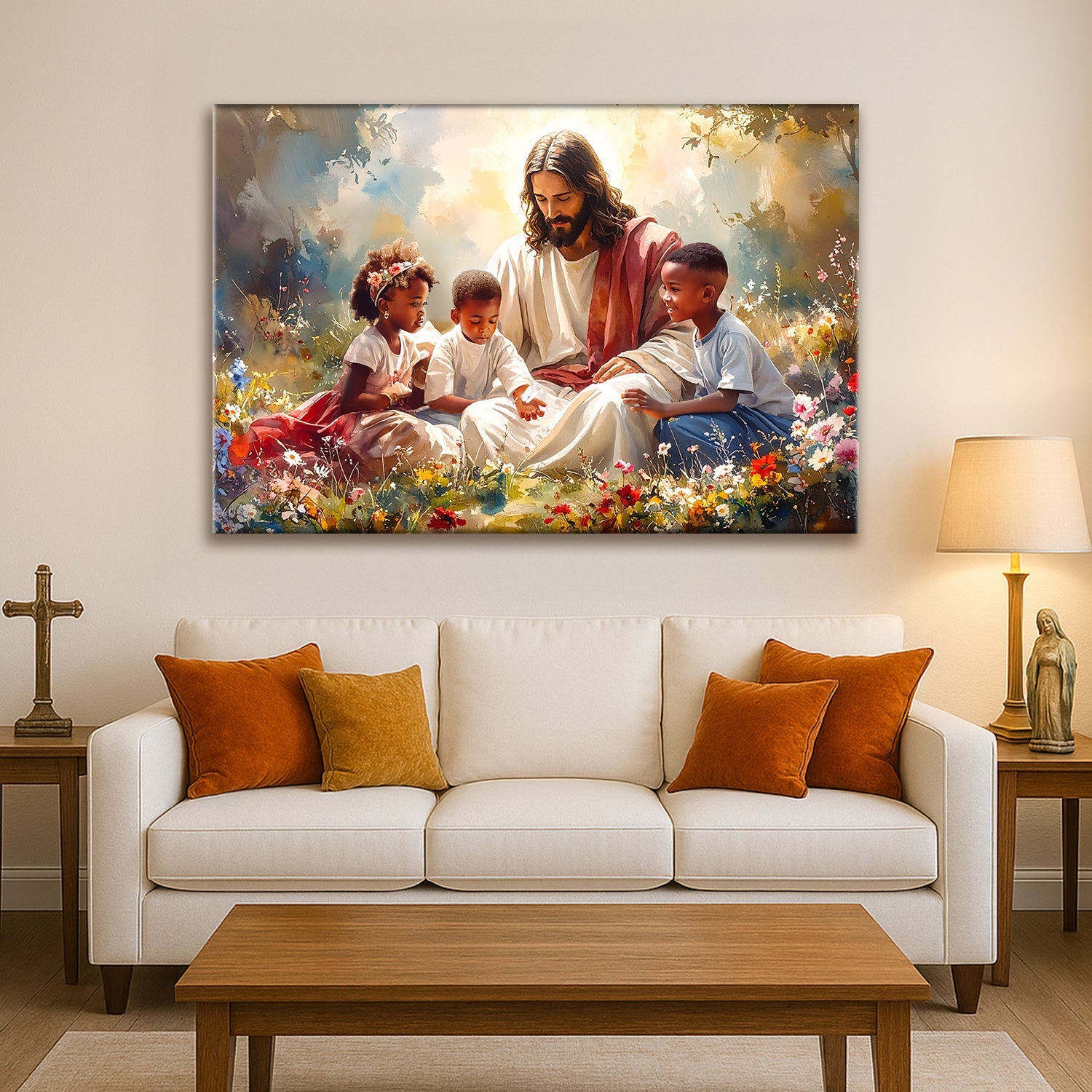 Faith canvas wall art of Jesus holding children among colorful flowers.