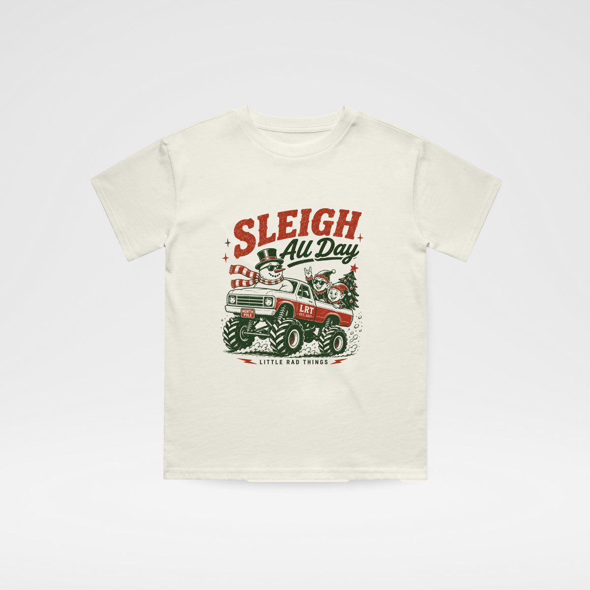 Cream toddler Christmas t-shirt with “Sleigh All Day” monster truck graphic