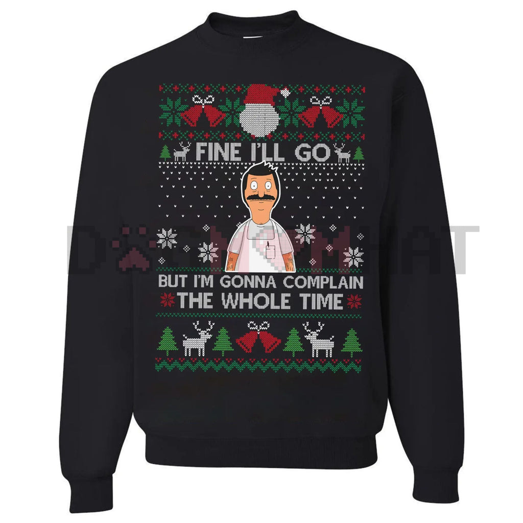 Black crewneck holiday jumper with colorful festive front graphic and lettering